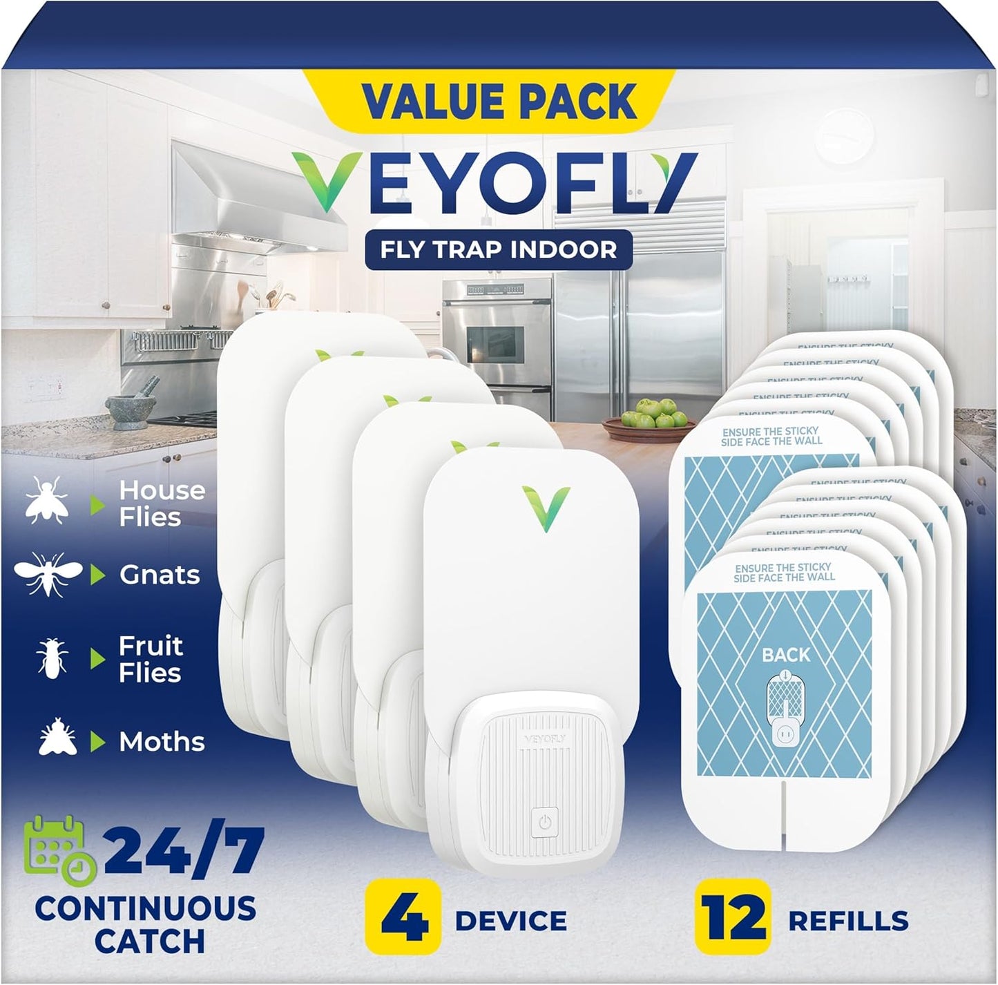 VEYOFLY Fly Trap Indoor, Fruit Fly Traps for Indoors, (4 Device + 12 Refills) Gnat Traps for House Indoor, Fly Catcher Indoor, Plug in Light Flying Insect Trap, Bug Light Killer, Fly Trap