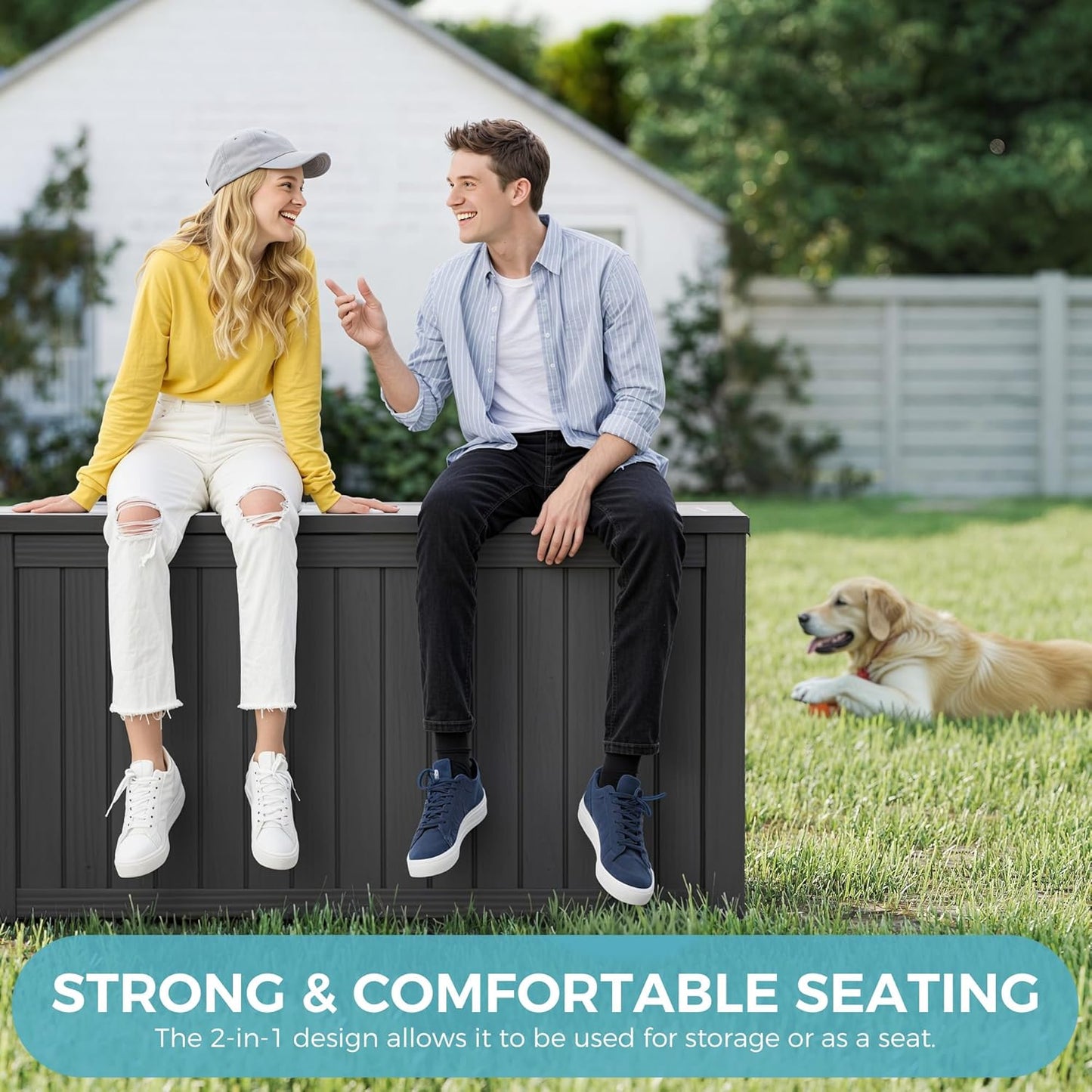 KAMABOKO Outdoor Storage Box, 150 Gallon Large Outdoor Resin Deck Box, Storage Waterproof Boxes Lockable Lid for Garden Tools, Pool Supplies, Patio Furniture and Cushions, Black