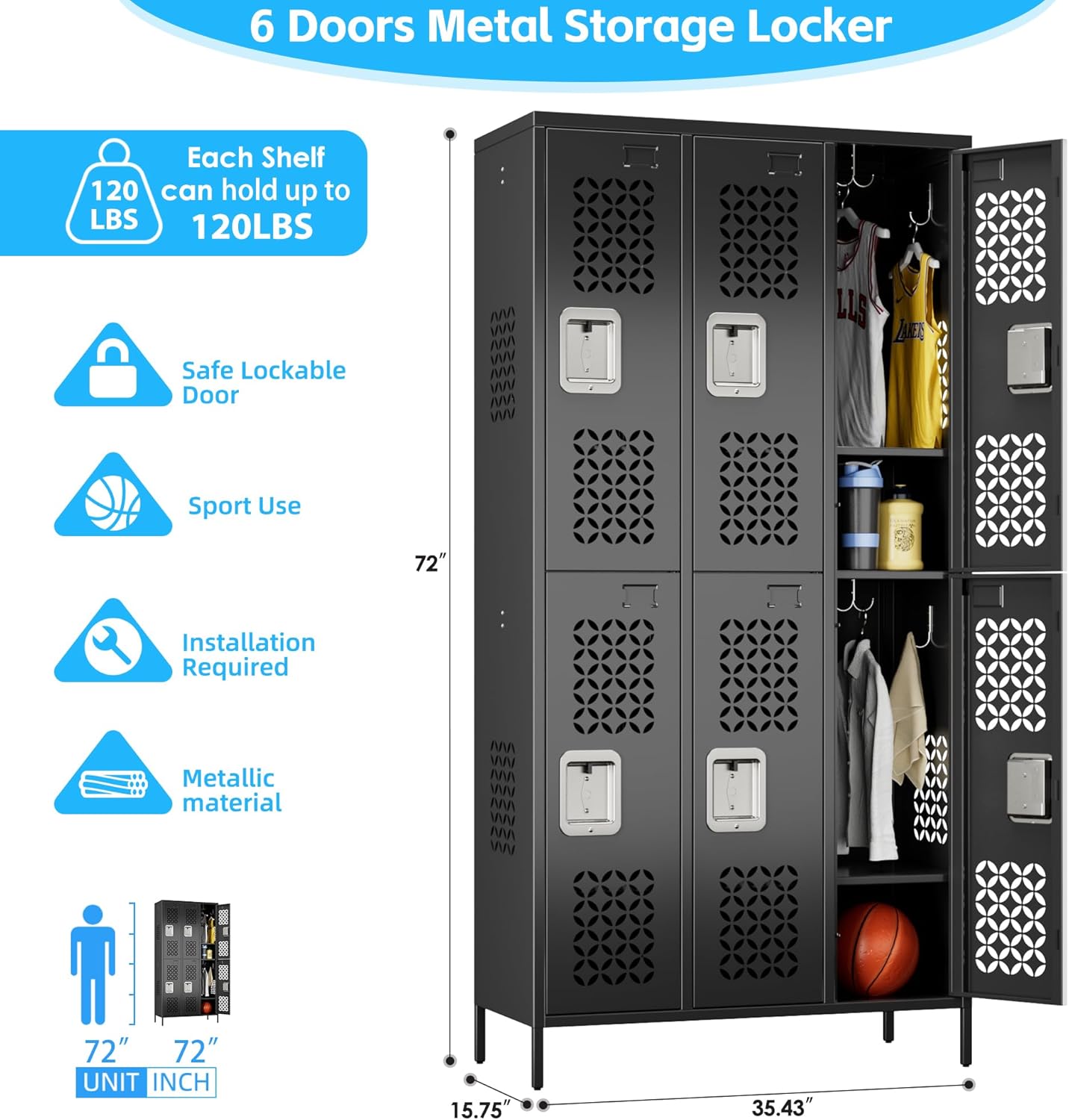 METAN Upgrade Metal Locker for School Office Gym Bedroom,6 Doors Steel Storage Locker Cabinet for Employees,Industrial Storage Locker with 1 Shelves,Assembly Required,Black