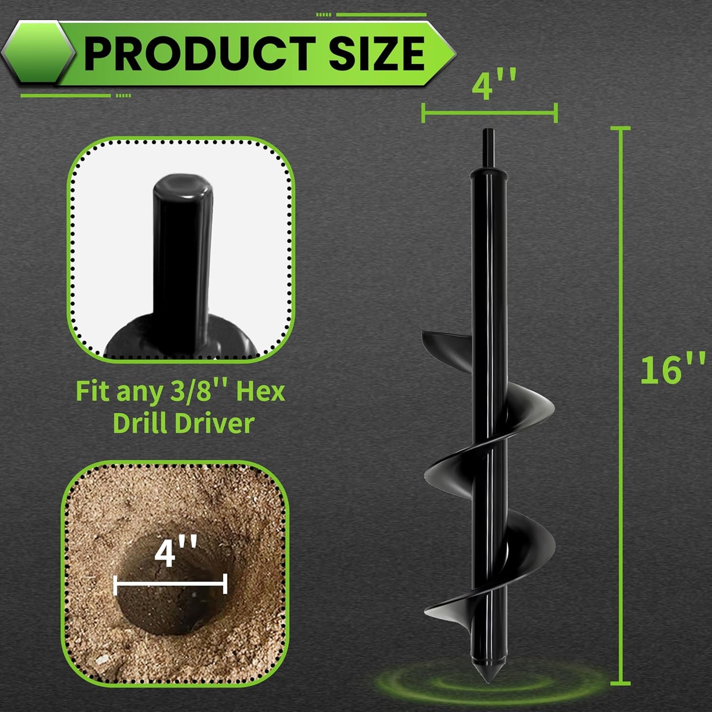 SYITCUN 4"X16" Heavy-Duty Auger Drill Bit for Planting - Garden Spiral Drill Bit - Bulb Planter Tool & Post Hole Digger - 3/8" Hex Drive