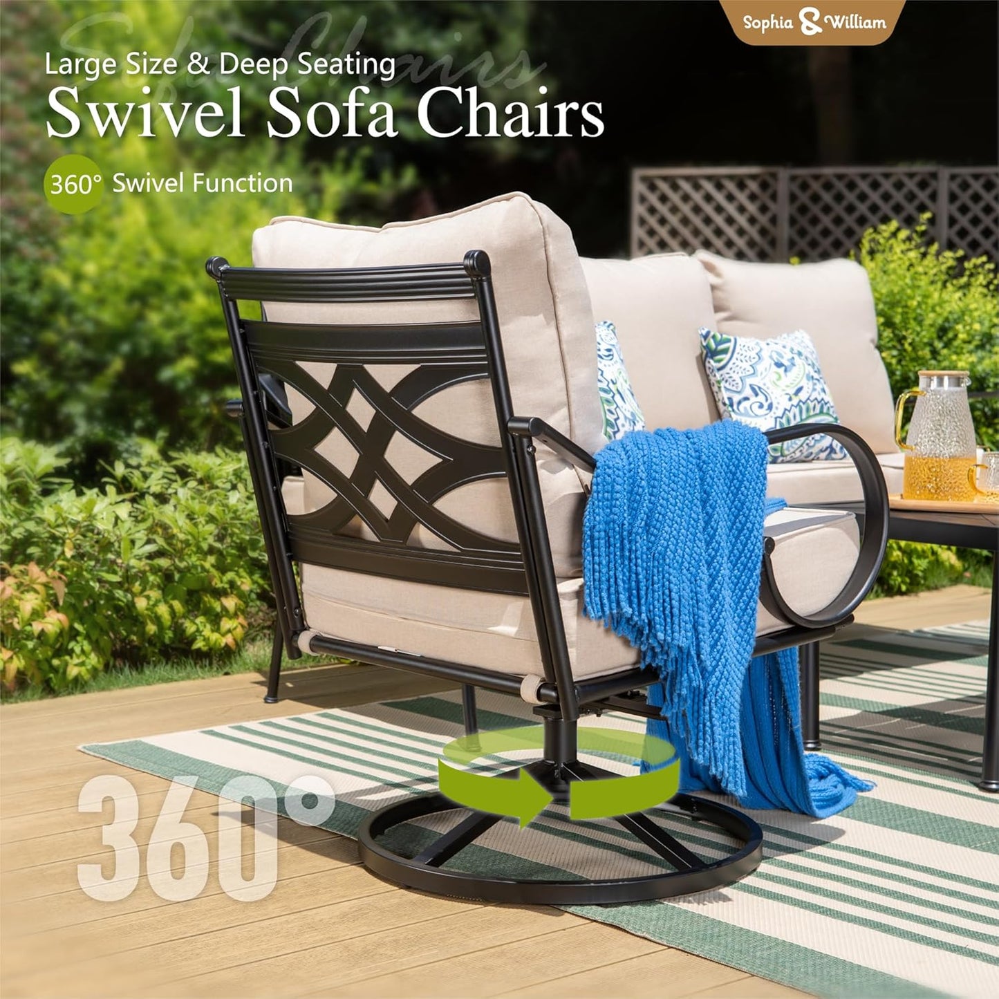 Sophia & William 6 Piece Patio Furniture Set Outdoor Couch Sofa, Backyard Patio Conversation Sets 7 Seat Clearance with 3-seat Sofa x 1, Swivel Chair x 4, Metal Coffee Table x 1 for Porch Lawn, Beige