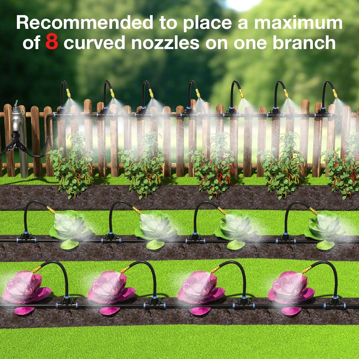 Mixc 100Ft 1/4" Drip Irrigation System,2025-Upgrade Garden Irrigation Kit with 16pcs Adjustable Copper Nozzles,Automatic Atomizing Watering System for Outdoor,Raised Bed,Potted Plant,Lawn,Greenhouse