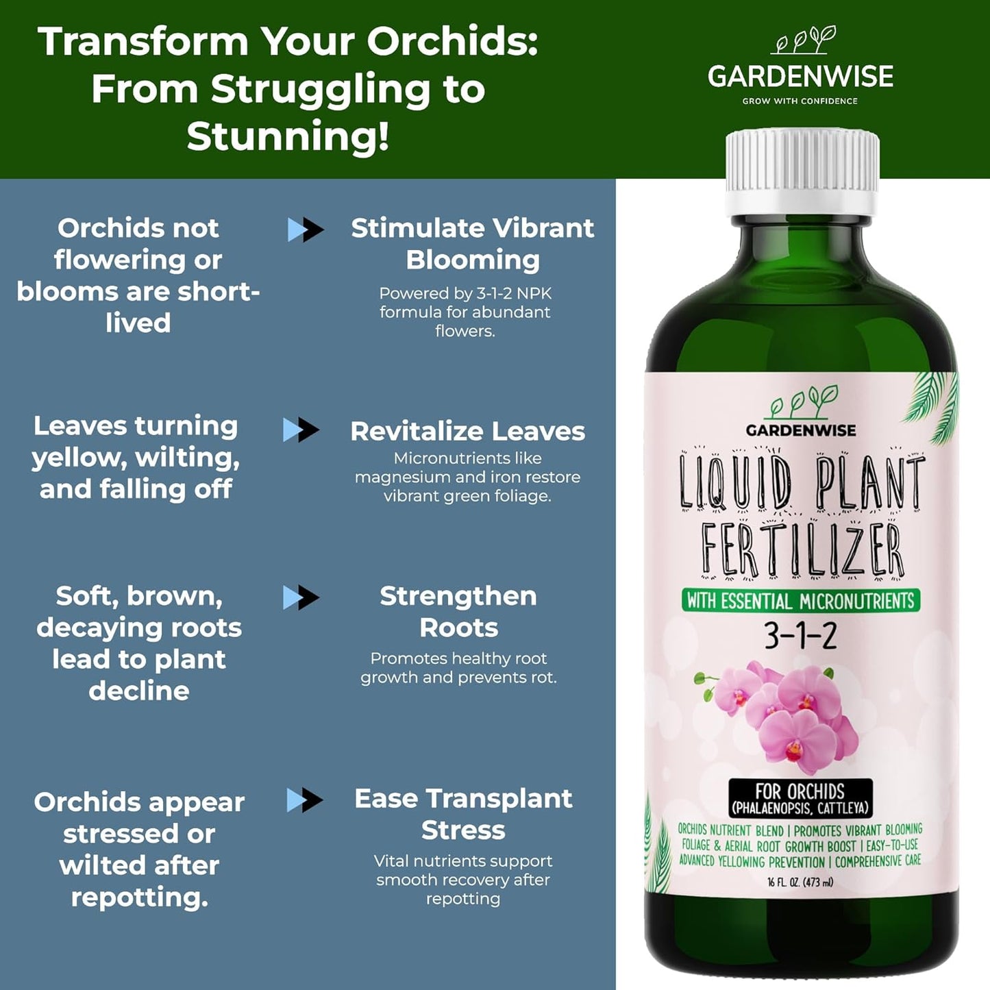 Liquid Orchid Fertilizer Concentrate 3-1-2 with Micronutrients Orchid Care Made Easy (8 OZ)