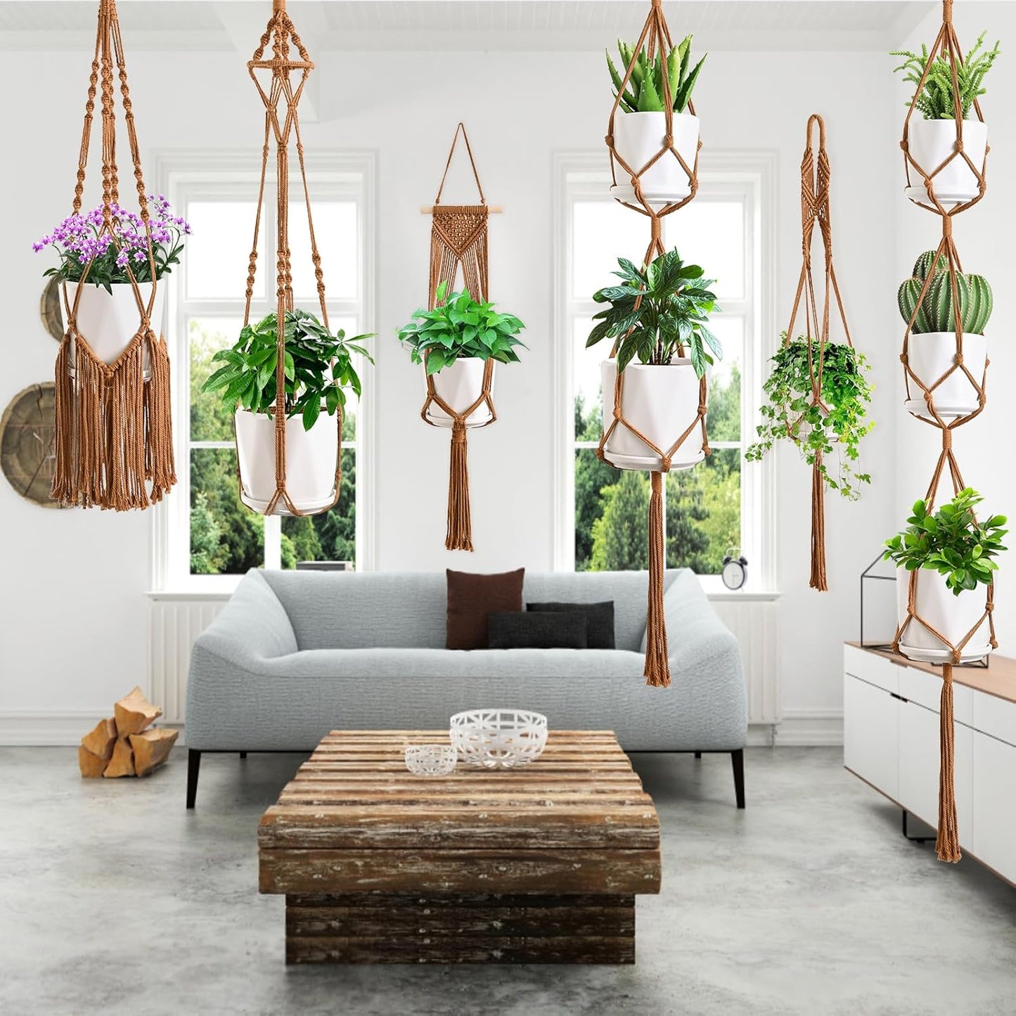 Macrame Plant Hangers, 6Pack Hanging Planters for Indoor Plants w/ 6 Set Hangers Kit Handmade Macromay Plant Hangers Indoor Flower Pots Holder Stand for Boho Home Décor (POTS NOT Included)