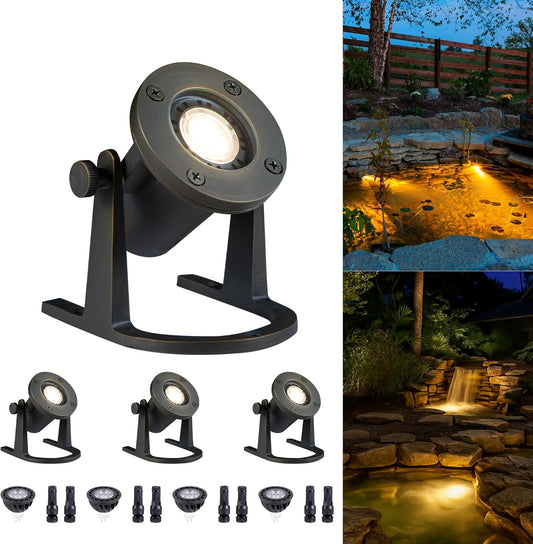 Submersible Pond Light - 12V Low Voltage IP68 Waterproof, Solid Brass Underwater Light with 3000K MR16 LED Bulb, for Water Fountains, Waterfalls, Pool and Outdoor Landscape Lighting(4 Pack)