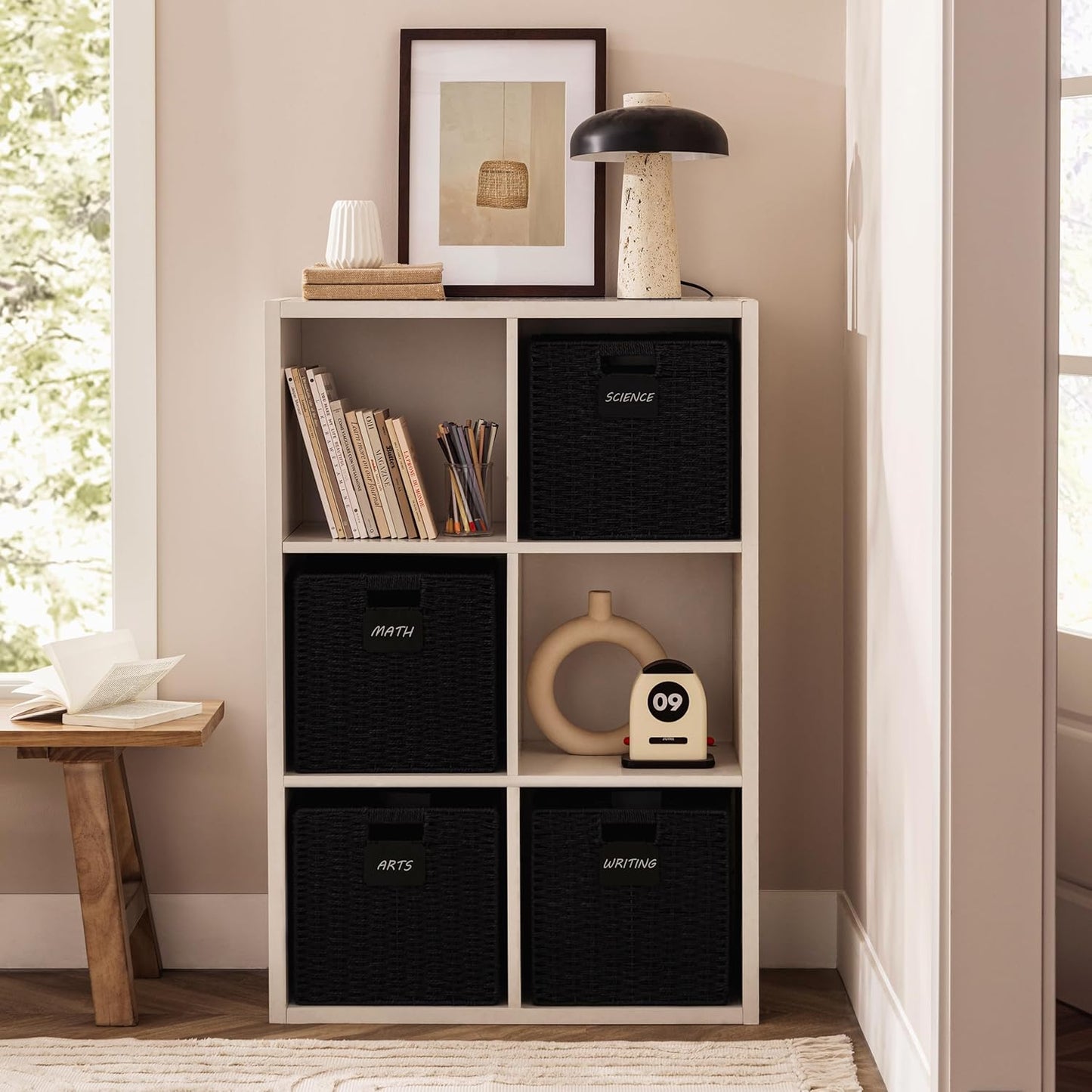 UBBCARE 2 Pack Wicker Basket, 10.5×10.5 Storage Cubes with Label, Foldable Cube Storage Bin with Handle, Square Storage Basket for Shelves, Woven Paper Rope Basket for Organizing, Black