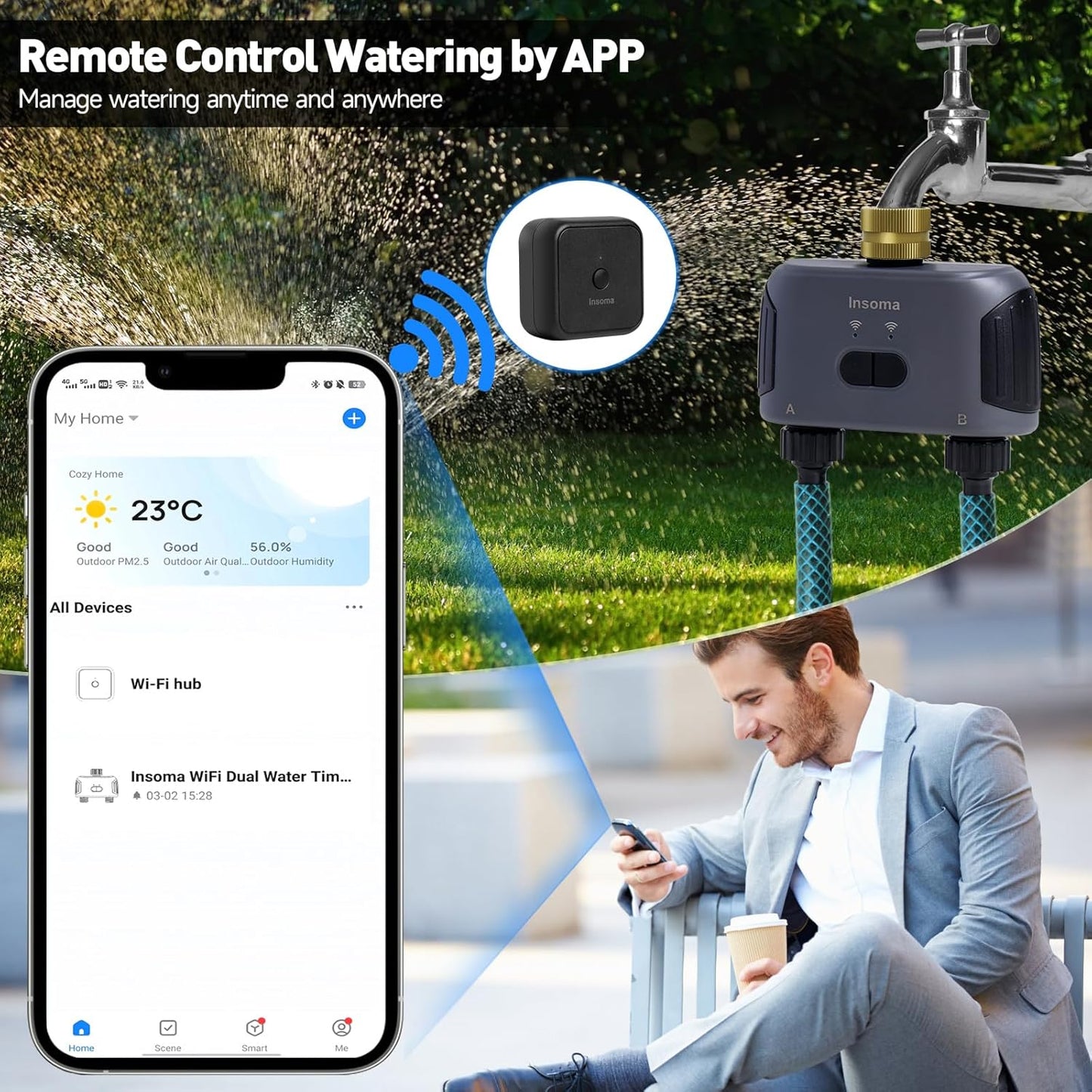 2 Zones WiFi Water Timer Brass Inlet and Outlet, Sprinkler Timer for Garden Hose, APP Remote Control WiFi Hose Timers with Gateway, Voice Control with Alexa, Rain Delay and Manual Mode for Watering