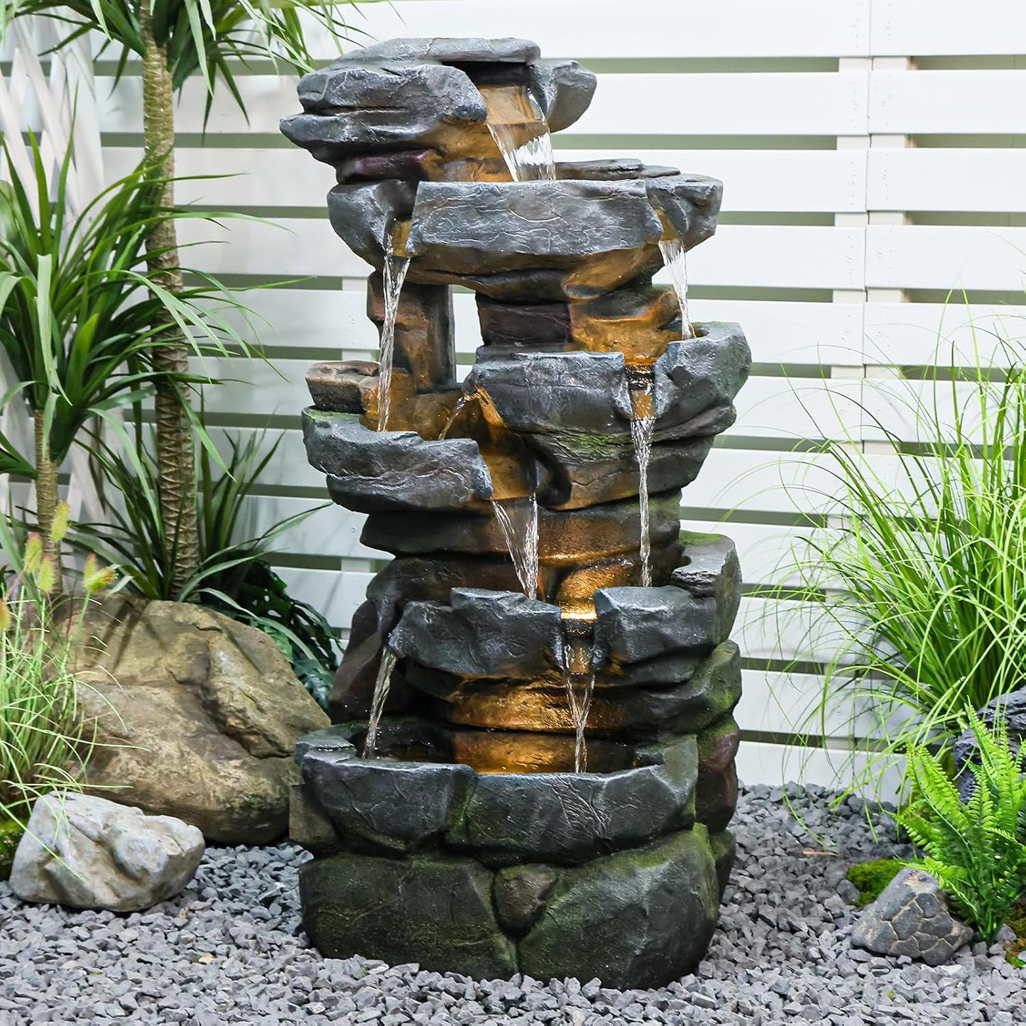 6-Tier Cascading Rock Water Fountain Outdoor Resin Stone Imitation Waterfall with LED Lights, Indoor/Outdoor Decor for Garden, Patio, Backyard, Porch and Home Art Decor