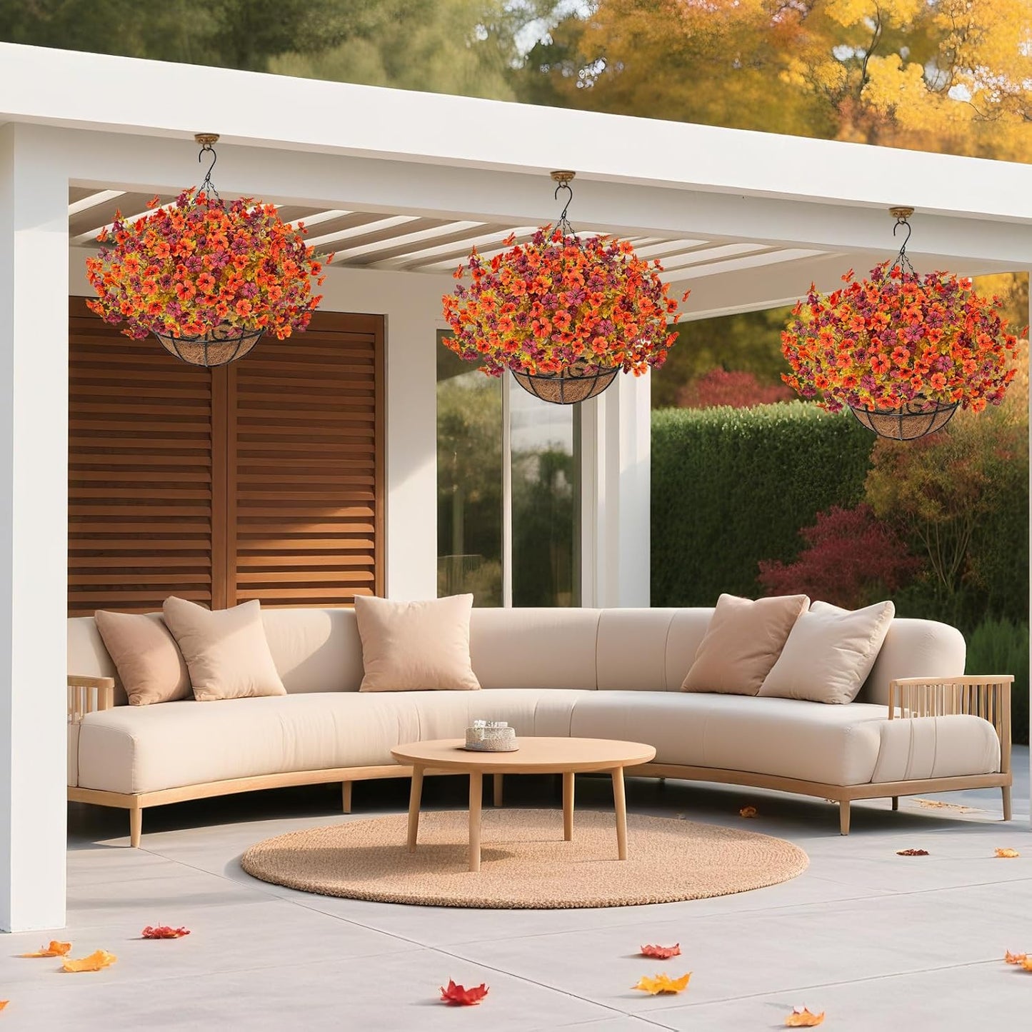 Fall Artfiticial Hanging Flowers Baskets for Outdoors, UV Resistant Fake Fall Hanging Plants, Faux Orange Flowers for Autumn Home Patio Garden Front Porch Balcony Decor (Orange Red)