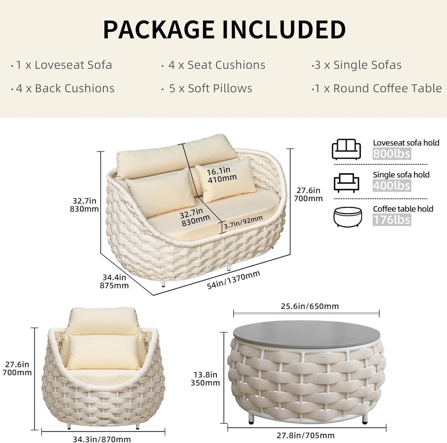 5-Piece Aluminum Patio Furniture Set, Olefin Rope Modern Outdoor Conversation Set Sectional Sofa with Water Repellent Thick Cushions and Coffee Table for Balcony, Garden, Beige