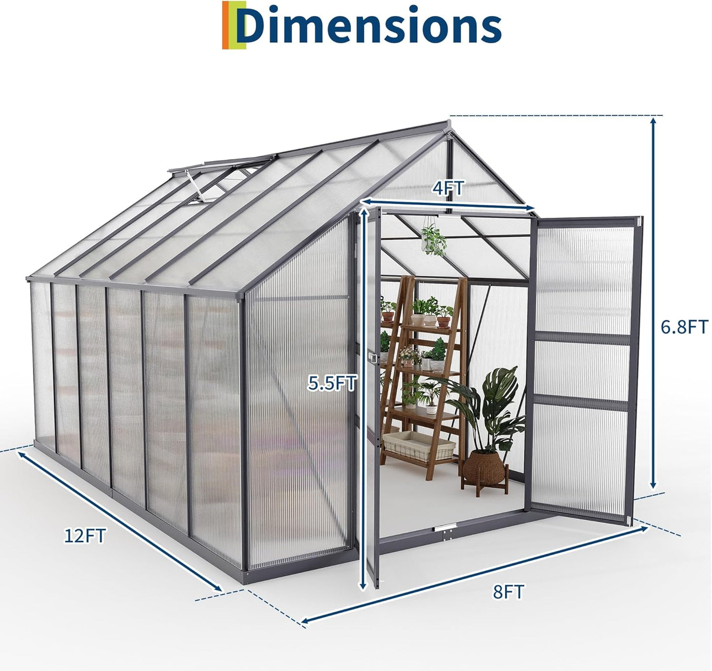 8*12 FT Outdoor Walk-in Greenhouse, Polycarbonate Green House, Heavy Duty Greenhouse with Vented Roof Window, Windproof Aluminum Frame, Suitable for Outside Gardening, Backyard, Patio