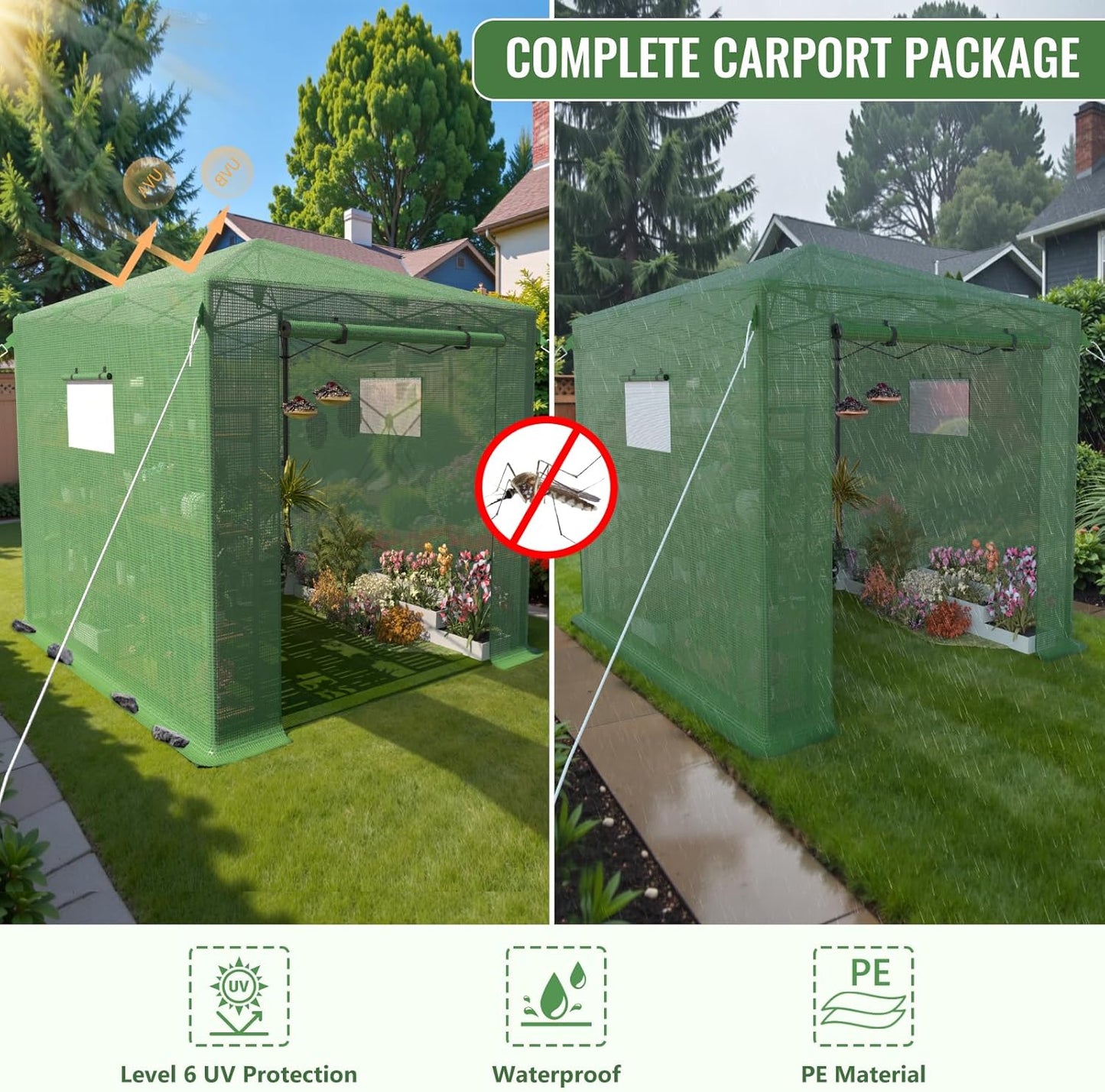 8X6 FT Pop Up Greenhouse,Greenhouse for Outdoors, Portable Walk-in Greenhouses with Roll-Up Zipper Door, PE Cover Greenhouses for Garden and Backyard, Easy Setup