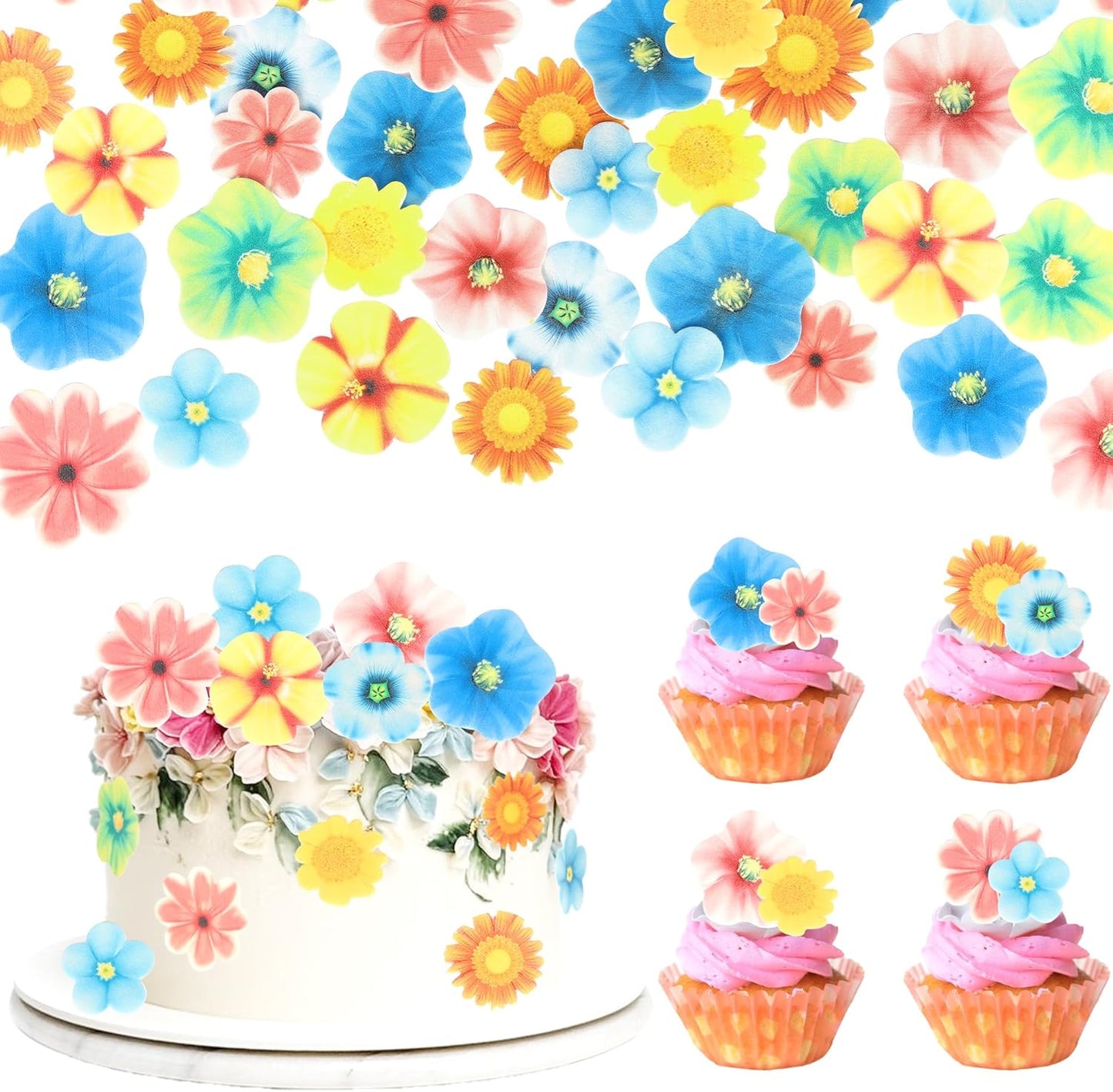 80 PCS Edible Flowers Cake Decorations Edible Daisy Cupcake Toppers Sunflower Cupcake Decoration Flower Birthday Party Decor for Baby Shower Wedding Birthday Party Cake Food Decorations Supplies