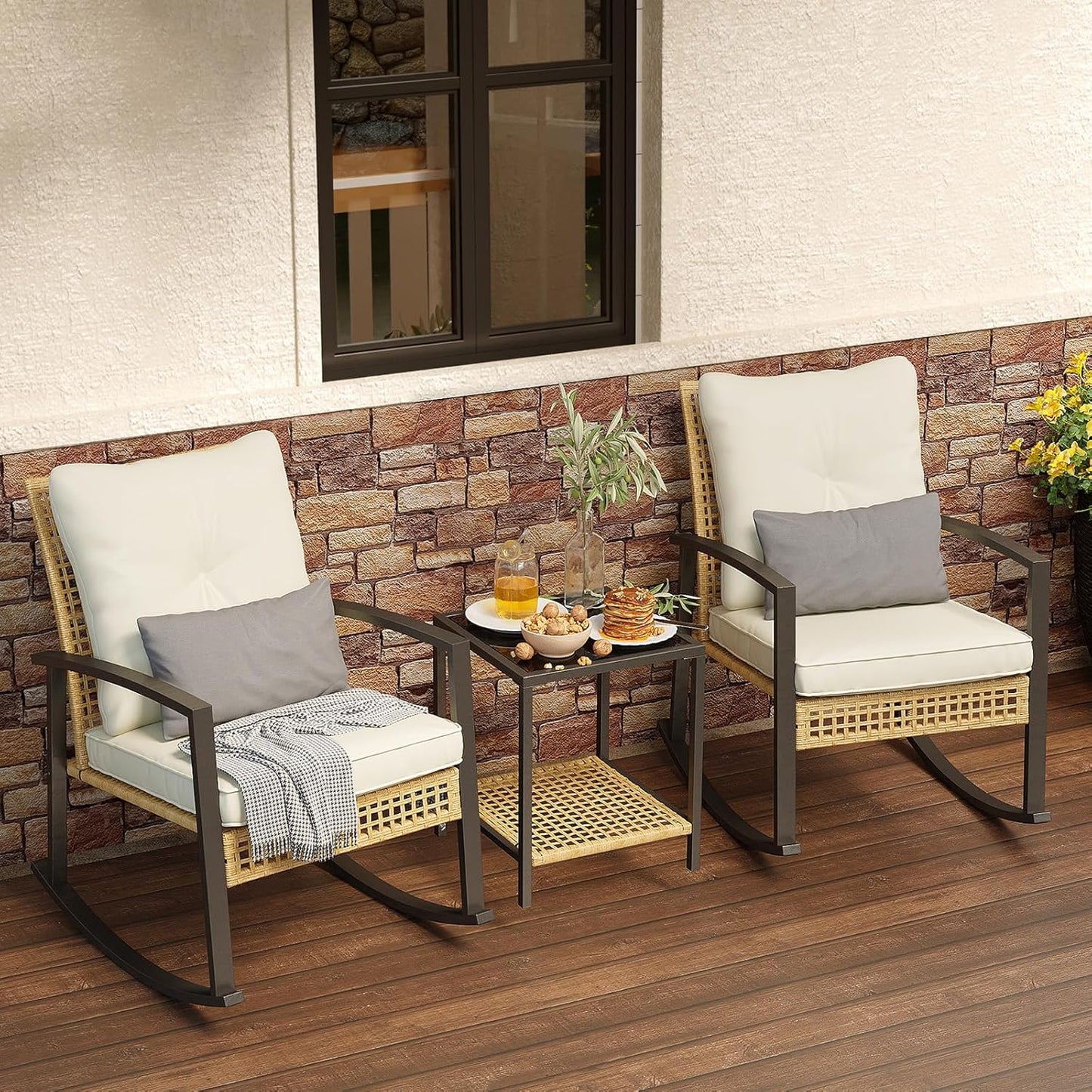 3 Piece Patio Rocking Chairs Set of 2, Outdoor Rocking Chair Bistro Set with Tempered Glass Coffee Table and Thick Lumbar Pillow Set, Front Porch Chairs for Garden, Backyard, Poolside (Beige)