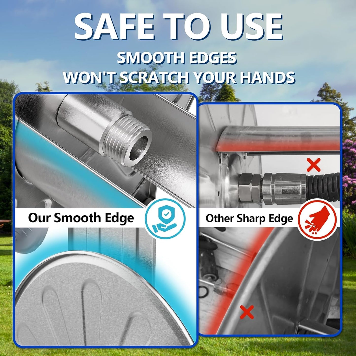 GREENER Stainless Steel Hose Reel for Outside,Wall Mount Garden Hose Holder Heavy Duty Metal Reel, 3/4" Solid Connector with 5/8" Inlet Hose and Crank,65-Feet 5/8" Hose Capacity