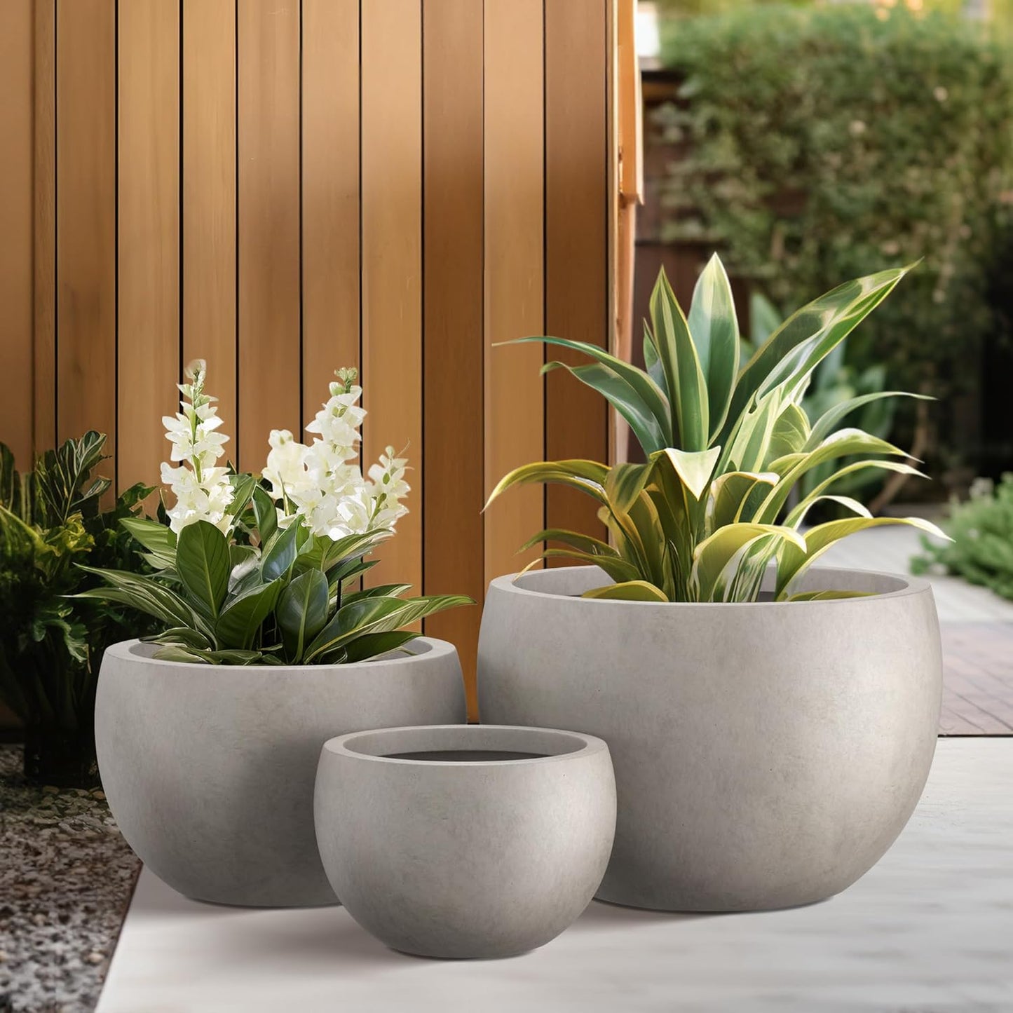 Kante 19.9",15.7",11.8" Dia Round Concrete Planter Set of 3, Outdoor/Indoor Large Bowl Plant Pots with Drainage Hole and Rubber Plug for Garden Patio Balcony Home, Weathered Concrete