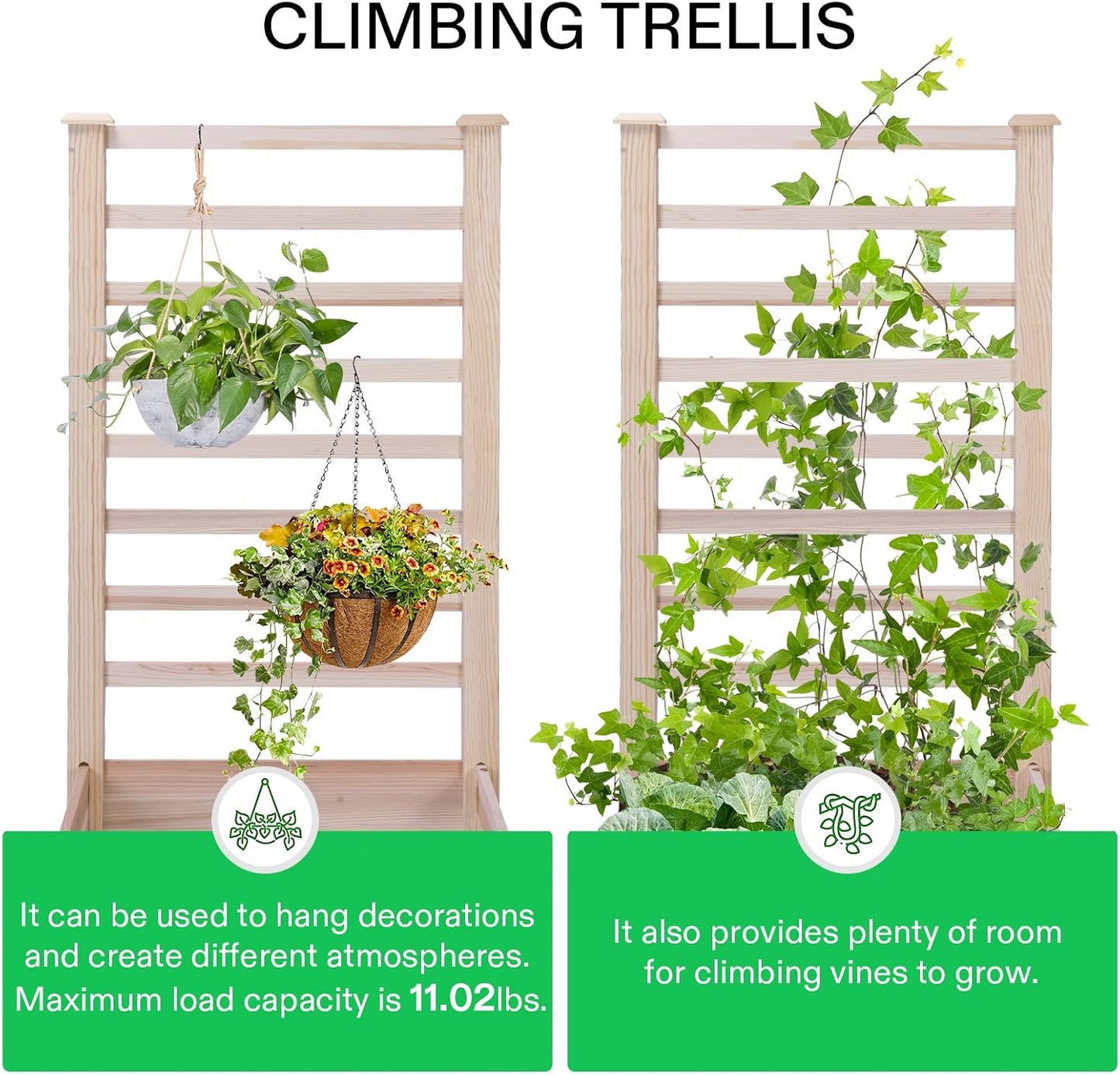 VIVOSUN Wooden Raised Garden Bed, 48 x 24 x 30 Inches, Outdoor Wood Planter Box with Gloves and a Liner, with Trellis for Vine Climbing for Garden, Patio, Balcony, Backyard and Outdoors