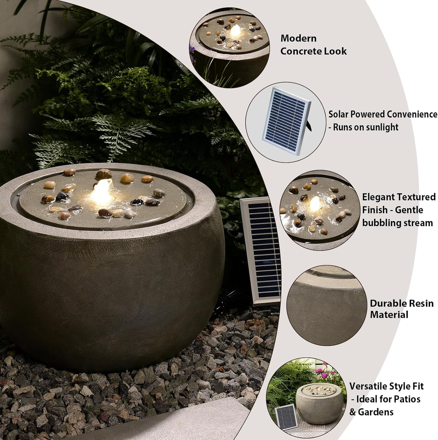 Solar Water Fountain Outdoor Garden Bubbler Water Feature Fountains Solar Powered for Patio Deck Yard Home Decor Gray, 18 "L x 18" W x 11.5" H