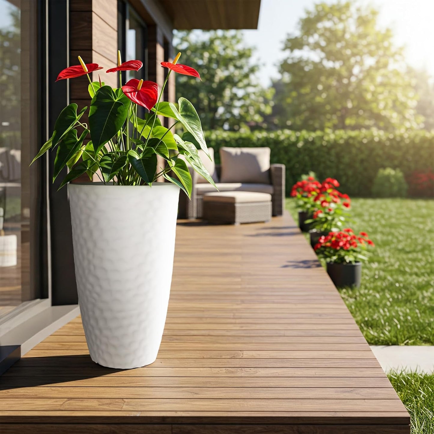 Worth Garden 24" H Tall Hammered Texture Planters Set of 2 - Matte White Plastic Flower Pot with Drainage Holes, Modern Outdoor Indoor Lightweight Pots for Large Plants, Durable Decor Containers