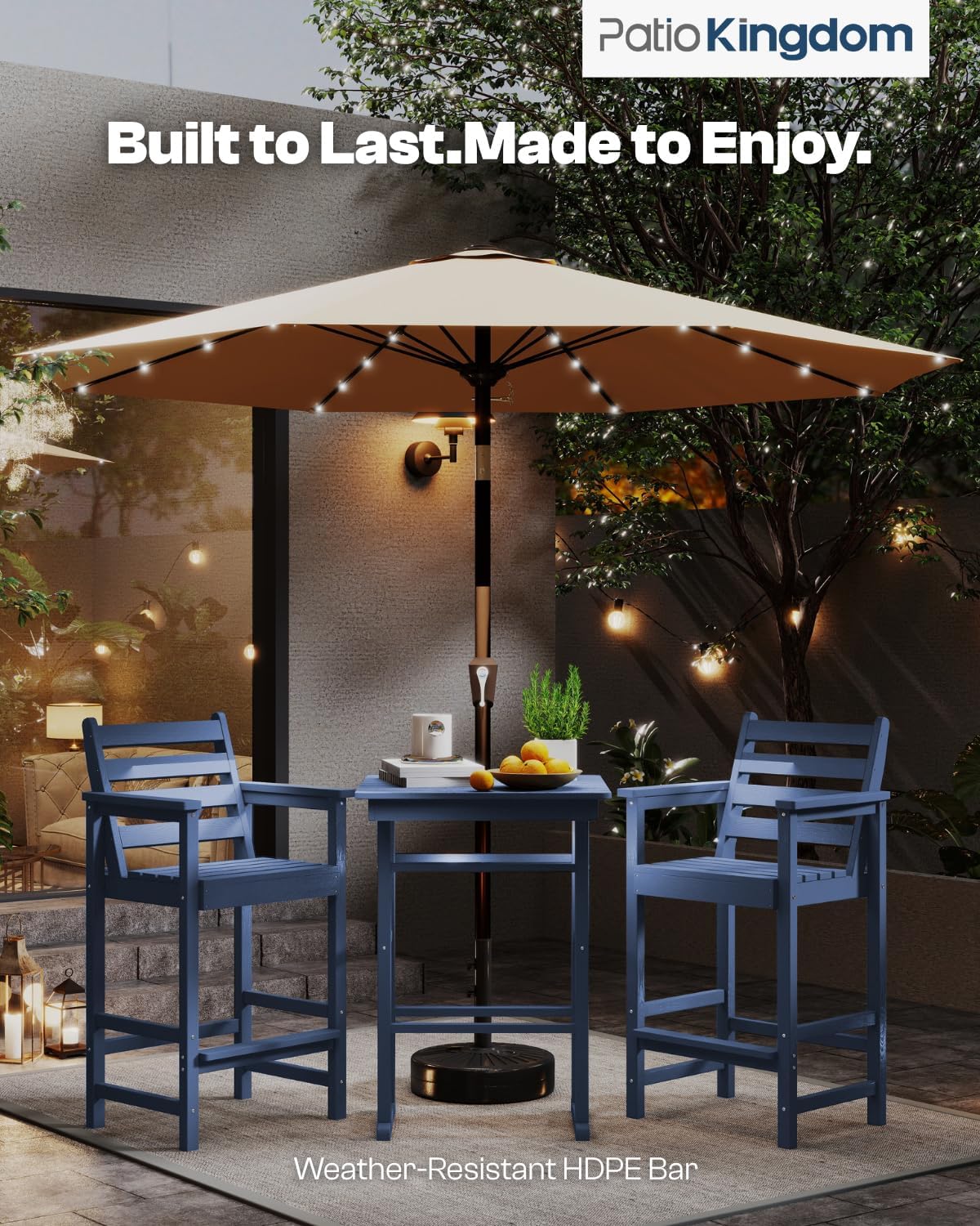 3-Piece Outdoor Bar Set with Beige 9FT Patio Umbrella, HDPE Tall Balcony Adirondack Chairs and Table, All-Weather Outdoor Bar Stools for Patio (Navy Blue)