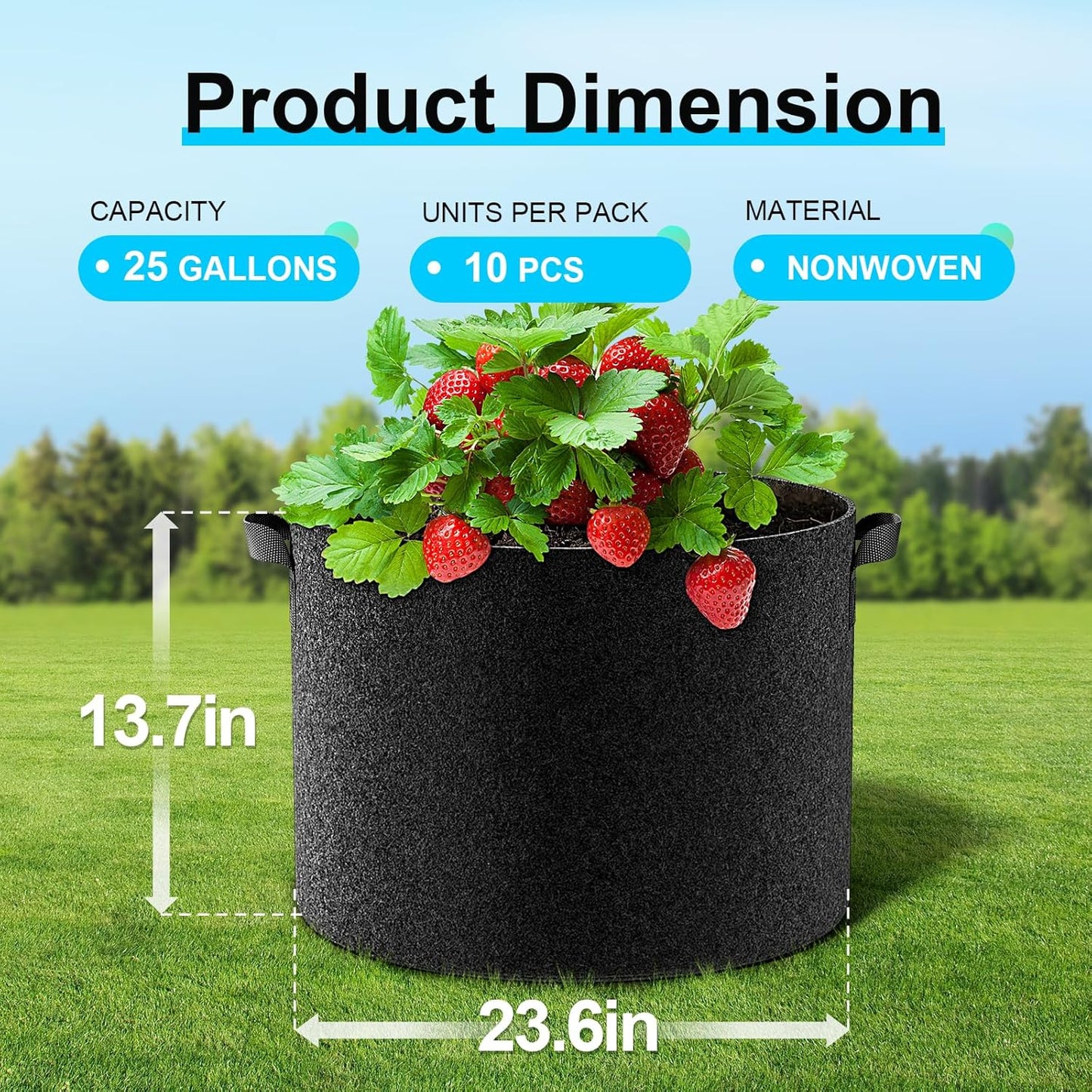 Land Guard 10-Pack Fabric Grow Bags 25 Gallon, Thickened Nonwoven Garden Pots, Growing Bags with Handles, Black