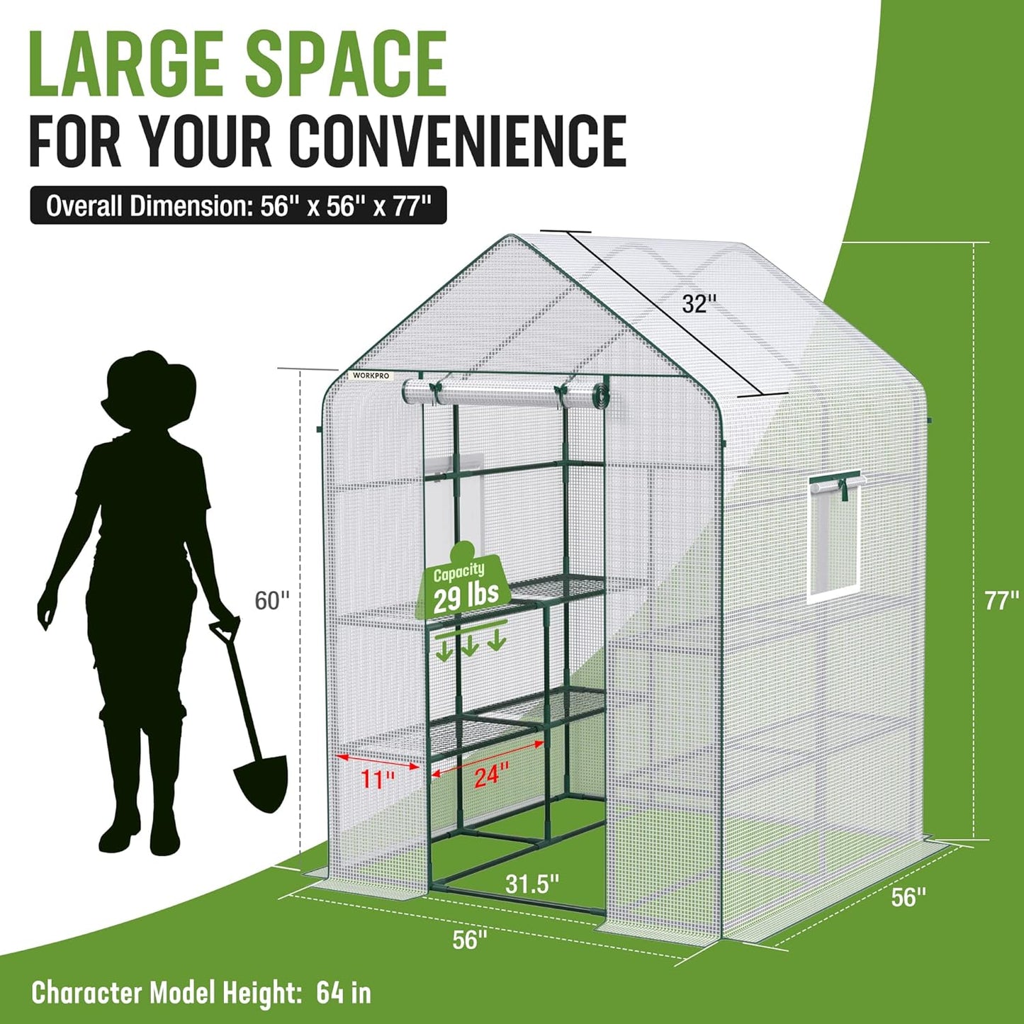 WORKPRO Greenhouse, 56” x 56” x 77” Heavy Duty Walk in Greenhouses for Outdoors with Screen Windows, Thicken PE Cover, 3 Tier 8 Shelves Portable Green House Kit for Patio, Backyard and Porch