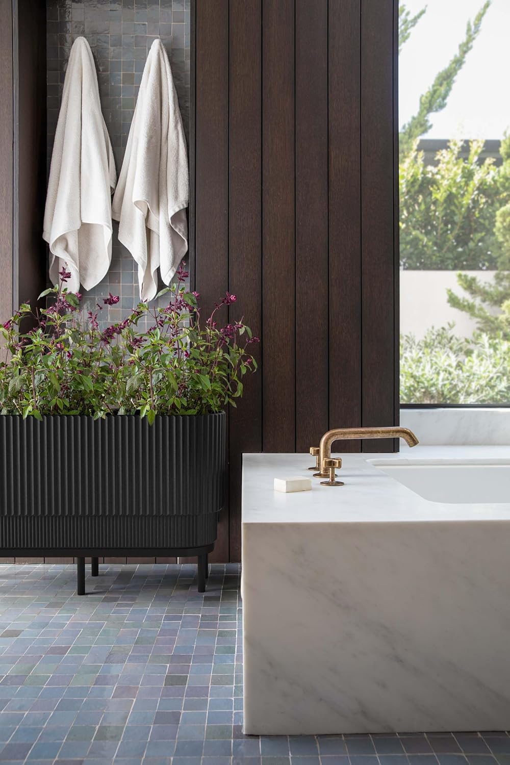 Veradek Demi Series Raised Long Planter for Indoor/Outdoor Use | Made from Plastic & Stone w/Wooden Stand | Modern Patio Décor for Flowers/Shrubs