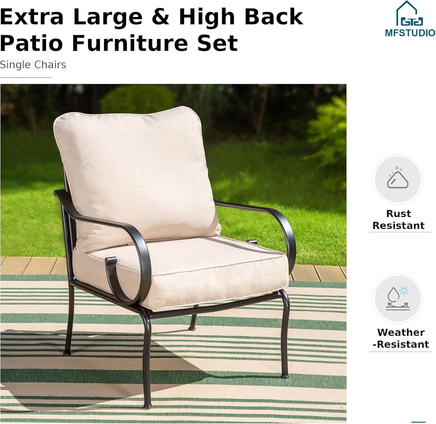 MFSTUDIO 5 Seats Large Metal Patio Conversation Sets, 4 Pieces Outdoor Furniture Sofa with 2 Fixed Chairs, 1 Sofa(3-seat) and Table for Outside Balcony Backyard Poolside