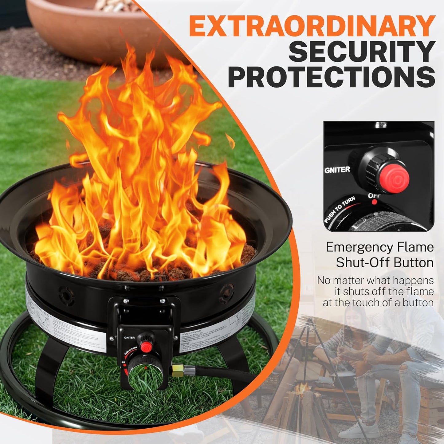 GUNJI 19-inch Portable Propane Fire Pit Table for Outside, Smokeless Gas Fire Bowl with Auto-Ignition, Lid & Carry Kit, for Patio, Camping, Tailgating, Deck, Backyard, RV