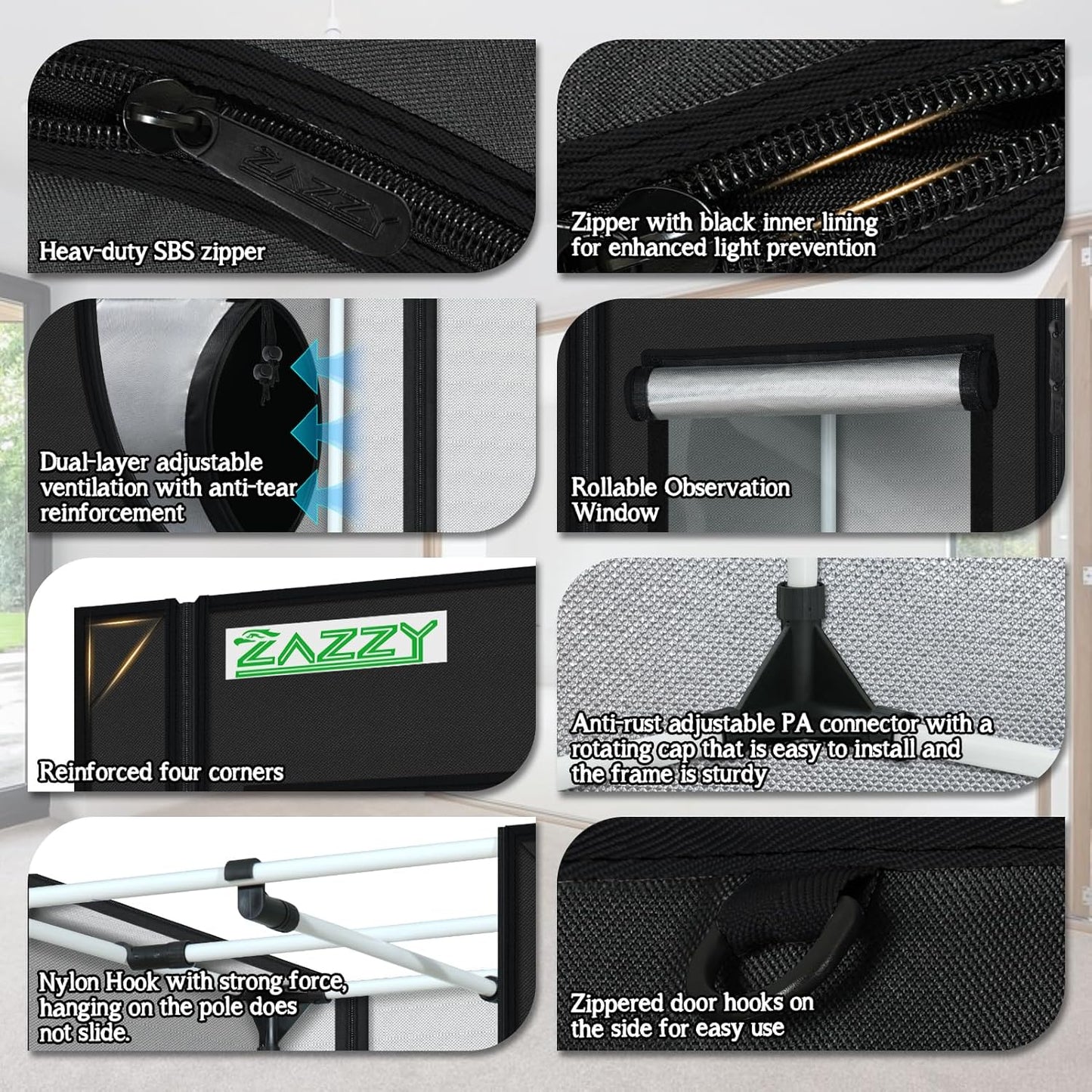 zazzy Grow Tent, 24"x24"x36" Hydroponic Mylar Grow Tent Reflective Garden Growing Dark Room with Observation Window, Removable Floor Tray and Tool Bag for Indoor Plant Growing 2'x2'