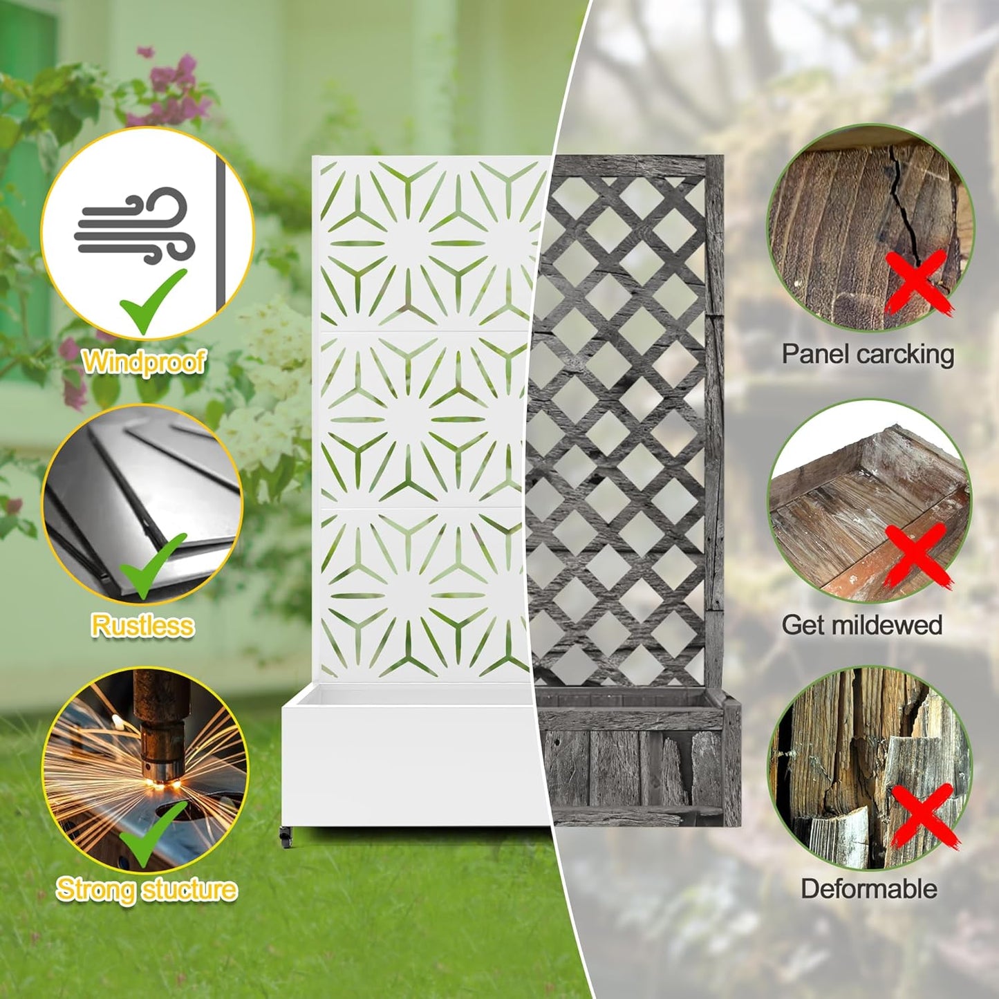 FENCY Metal Raised Garden Bed with Wheels and Trellis,73"x47"x16" Planter Box for Climbing Plants, Vegetables & Vines, Features Privacy Screen and Drainage Holes (White-Star)