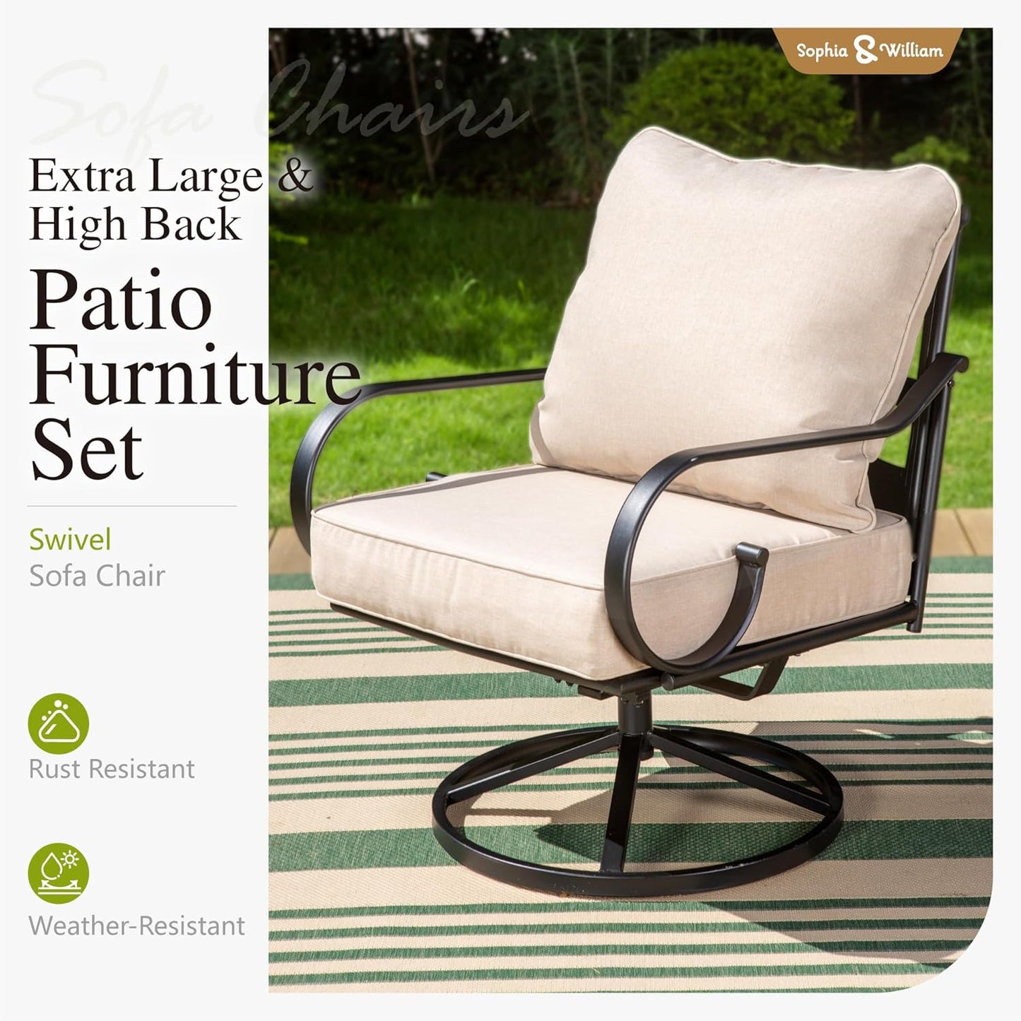 Sophia & William 6 Piece Patio Furniture Set Outdoor Couch Sofa, Backyard Patio Conversation Sets 7 Seat Clearance with 3-seat Sofa x 1, Swivel Chair x 4, Metal Coffee Table x 1 for Porch Lawn, Beige