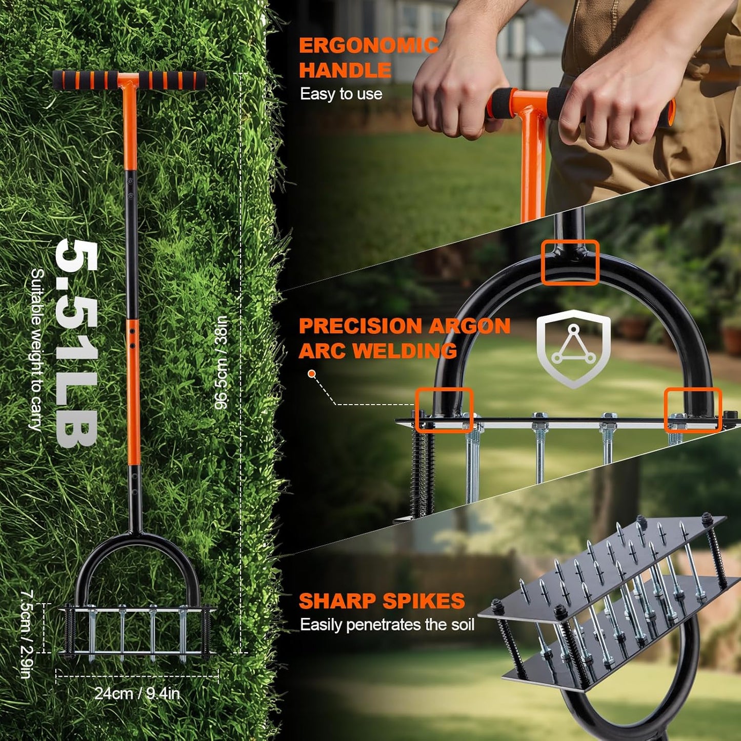 Bluesea Lawn Aerator Tool - 16 Iron Spikes with Ergonomic T-Handle, Automatic Dirt Clean for Soil Loosening & Yard Aeration, Manual Metal Grass Aerator (Black - Orange)