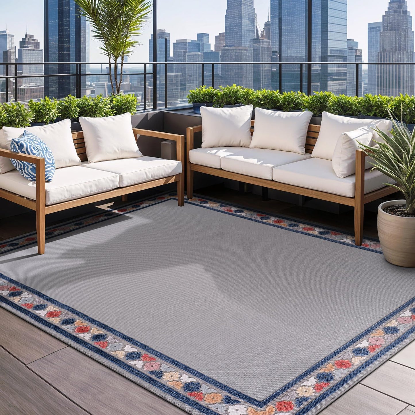 Beverly Rug Outdoor Rug 4x6 Modern Bordered Area Rugs for Indoor and Outdoor Patio Easy to Clean Non Shedding Living Room Porch Garden Washable Outside Carpet (4 x 6 Gray)