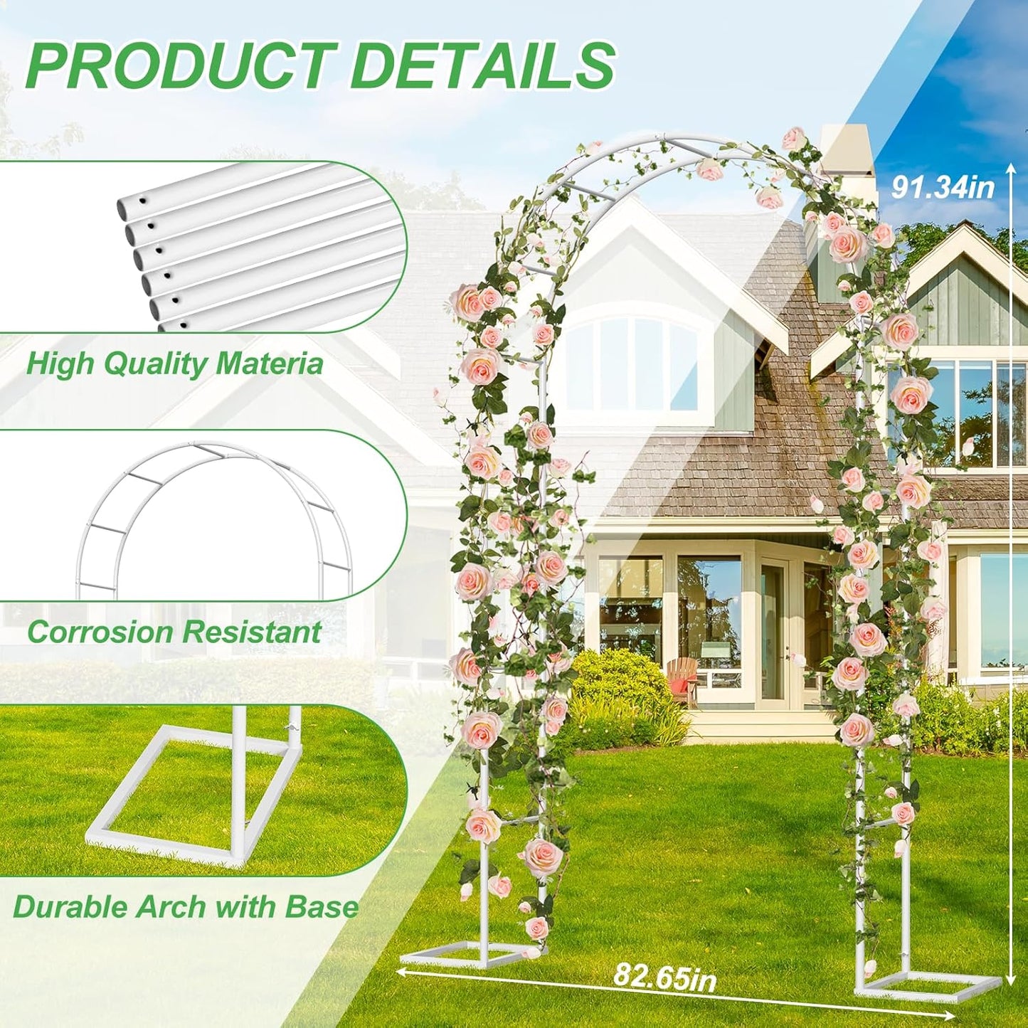 Metal Garden Arch Trellis Arbor, Wedding Arch Stand with Steel Frame,5.3'W * 7.6'H or 7.9'W * 6.3'H Ft,for Garden Arbor Trellis & Climbing Plant, Bridal Party & Ceremony Decorations (White)
