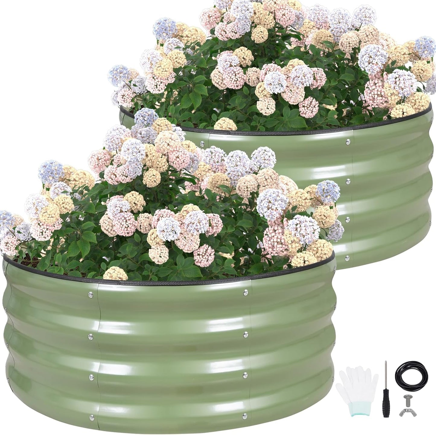 G GOOD GAIN Round Raised Garden Bed - 2Pcs 3x3x1ft Galvanized Steel Planter Boxes Outdoor with Rubber Edge Trim | Metal Raised Beds for Gardening Vegetables Flowers Fruits Herbs (Olive Green)