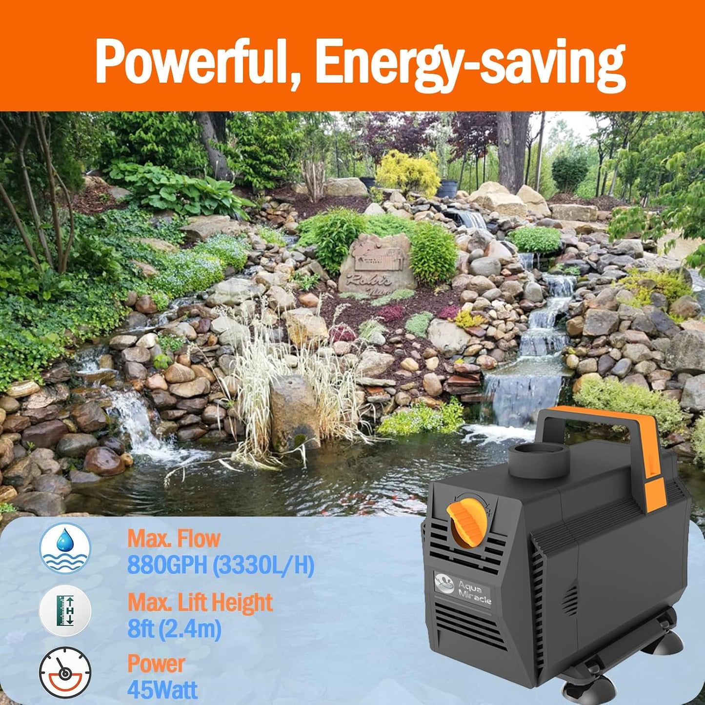 AquaMiracle 880GPH Aquarium Water Pumps (3330L/H, 45W) Fountain Pump Pond Pump Submersible Water Pump with Flow Control for Fountain, Waterfall, Statuary, Filtration, Water feature, Hydroponics