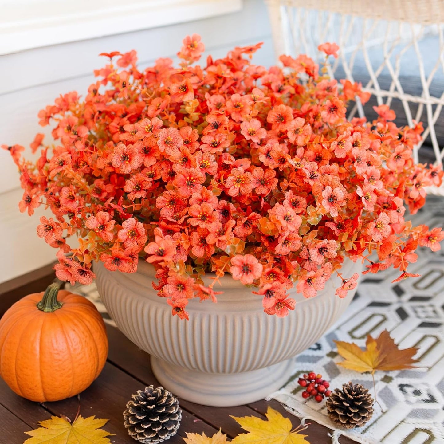 Artificial Fall Flowers Faux Mums for Outdoor Indoor Garden Home Decoration, Faux Flower Daisy with Eucalyptus Leaves Fake Mums Plants Greenery Boxwood Porch Patio, 12 Bundles (F Orange)