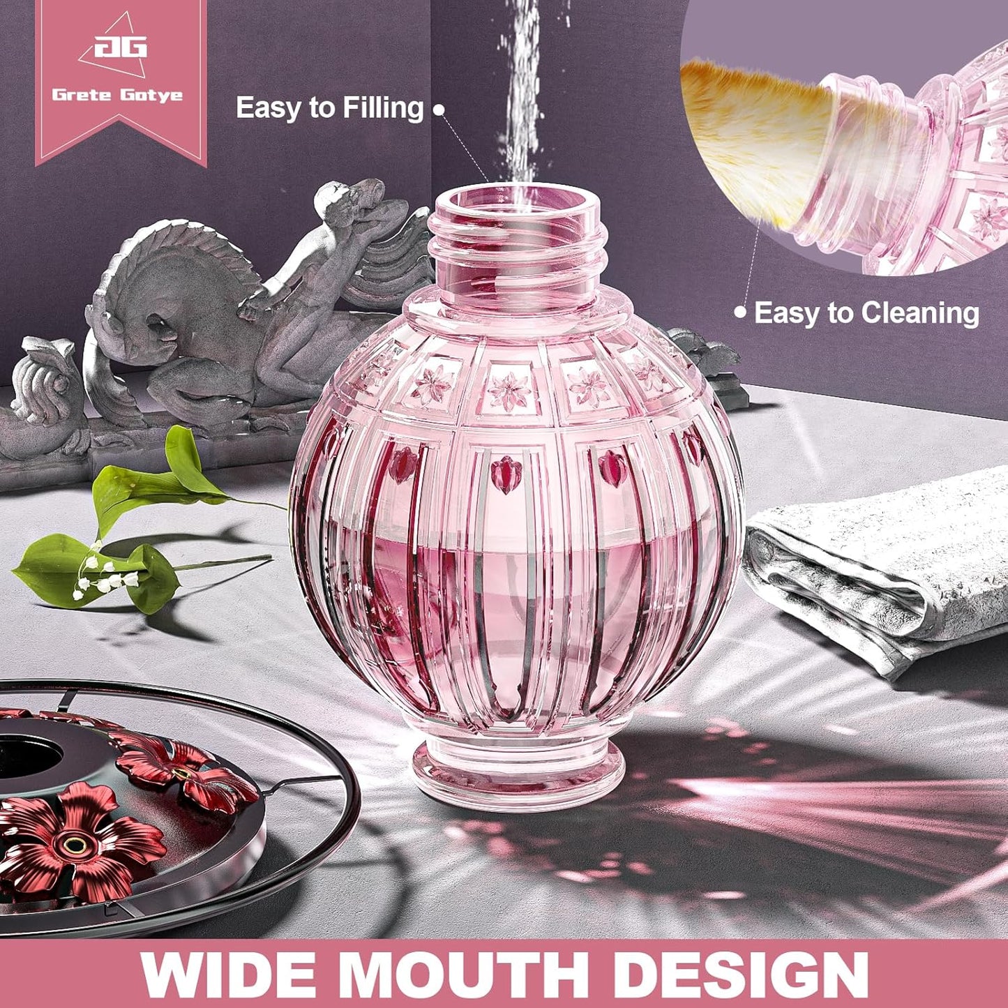 Glass Hummingbird Feeder for Outdoors Hanging, Bird Nectar Feeder with Perch & 5 Flower Feeding Ports, 26 Oz Leak Proof for Outside Garden Decor Backyard, Gifts for Women Mom, Pink