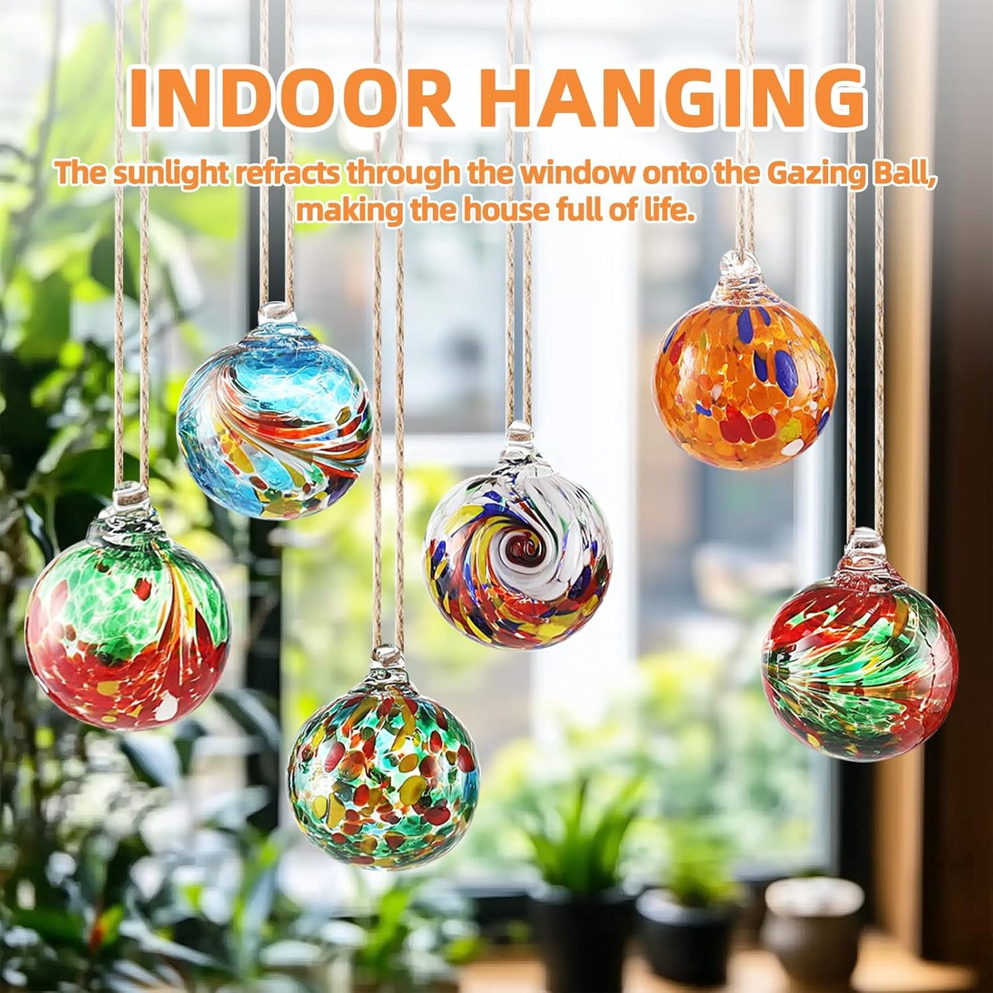 VOREEN 6pcs Hand-Blown Glass Ornaments Balls Hanging Gazing Ball Friendship Ball Glass Witches Balls for Outdoor Garden Patio Window Home Décor, Gift for Mom Wife Friend