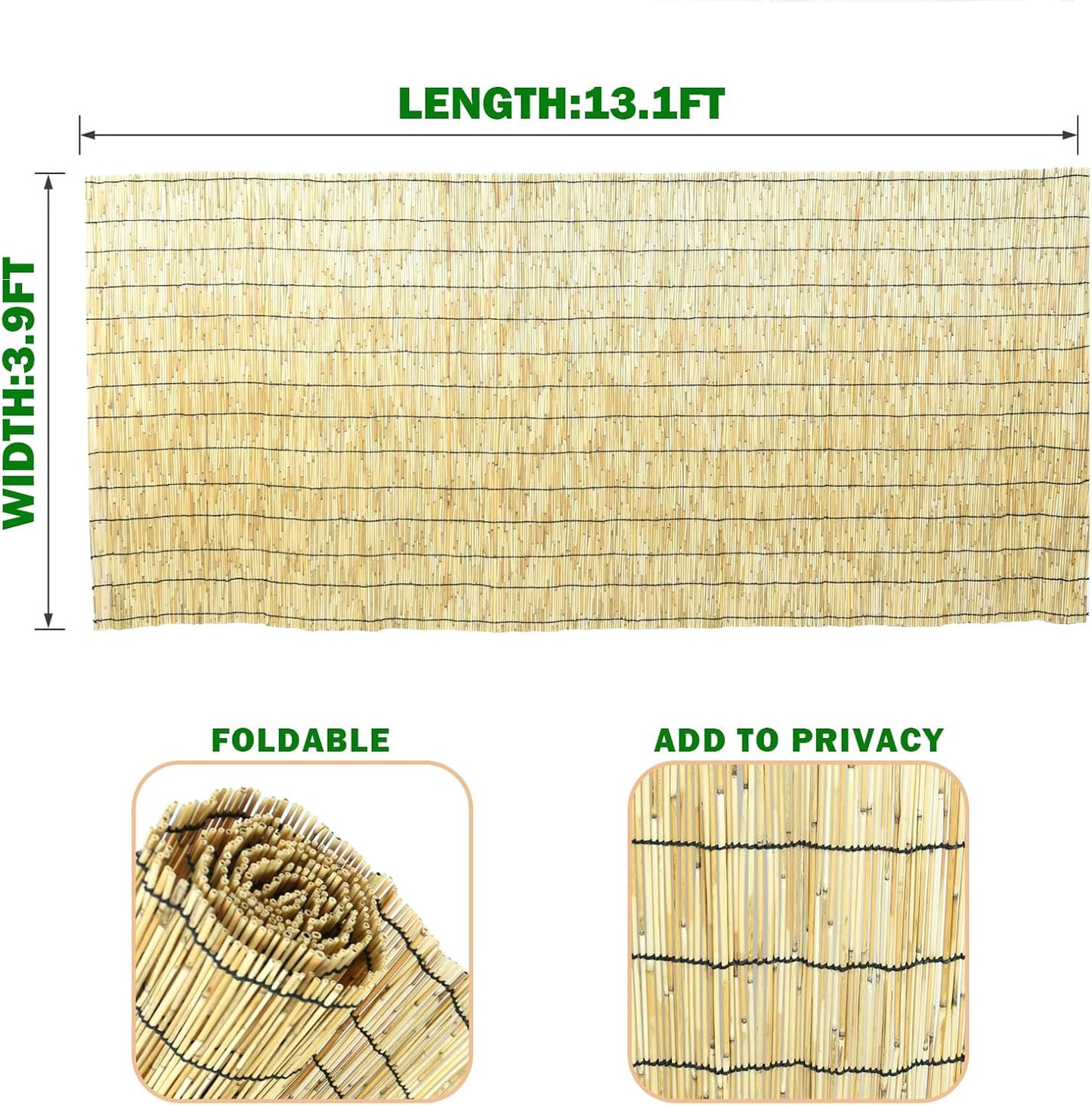 2 Pcs Jollybower Natural Reed Fencing Rolls, Eco-Friendly Reed Fence Curtain, 4Ft High x 13Ft Long Reeds Screen, Decorative Fence for Garden Privacy, Balcony and Window