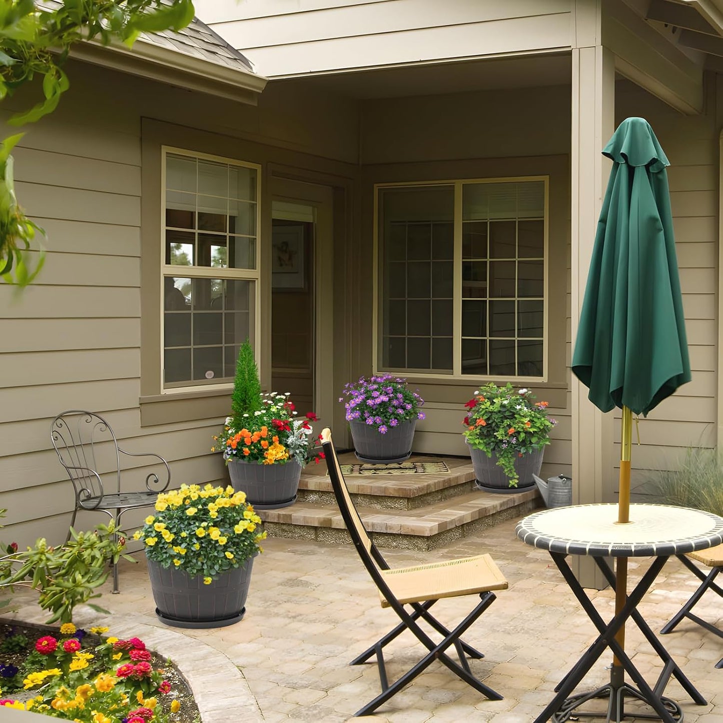 Quarut 12 Inch Large Planter Pot for Plants Indoor Outdoor, 4 Pack Plastic Flower Pots with Drainage Hole & Tray, Modern Decorative Garden Pot with Saucer, Plant Container for House（Brown）