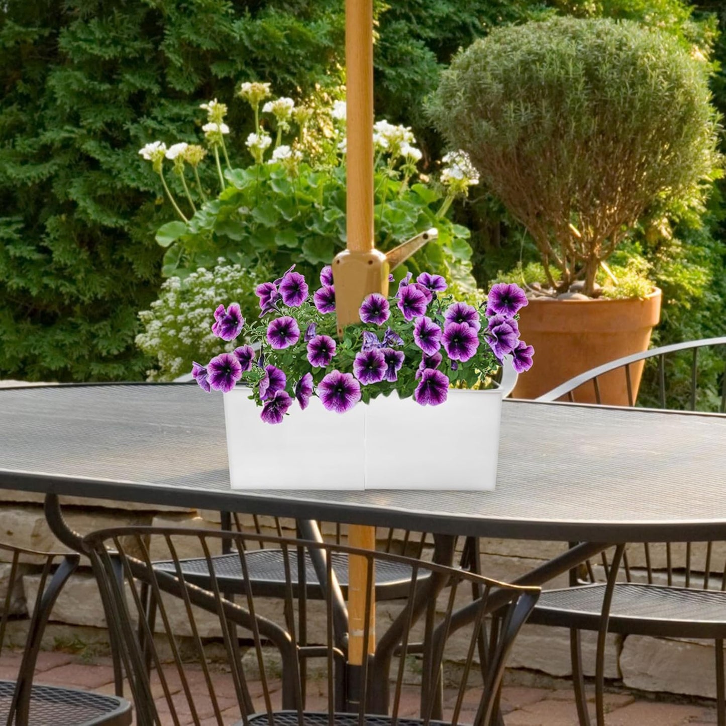 AuldHome Design Umbrella Planter for Patio Table (White Square), w/Umbrella Hole, Enamelware Rectangular Planter Pots
