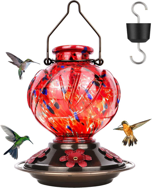 BOLITE Hummingbird Feeder, Hand Blown Glass Hummingbird Feeders for Outdoors Hanging, with Ant Moat and 5 Feeding Ports, 22 Ounces, Peony Flower Shape, Red, Gifts for Women Men, Gifts for Mom Dad