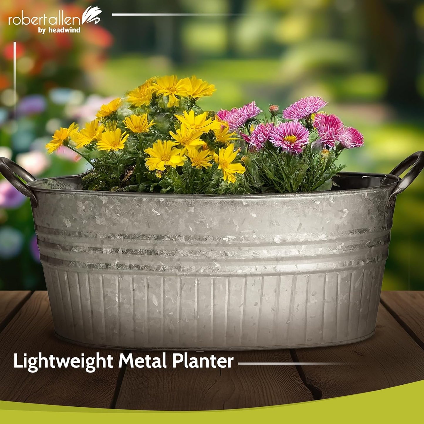 Headwind Robert Allen 16.5" Oval Tub Metal Planter w/Handles – Lightweight Galvanized Steel with Drainage Holes – Indoor/Outdoor Garden Pot