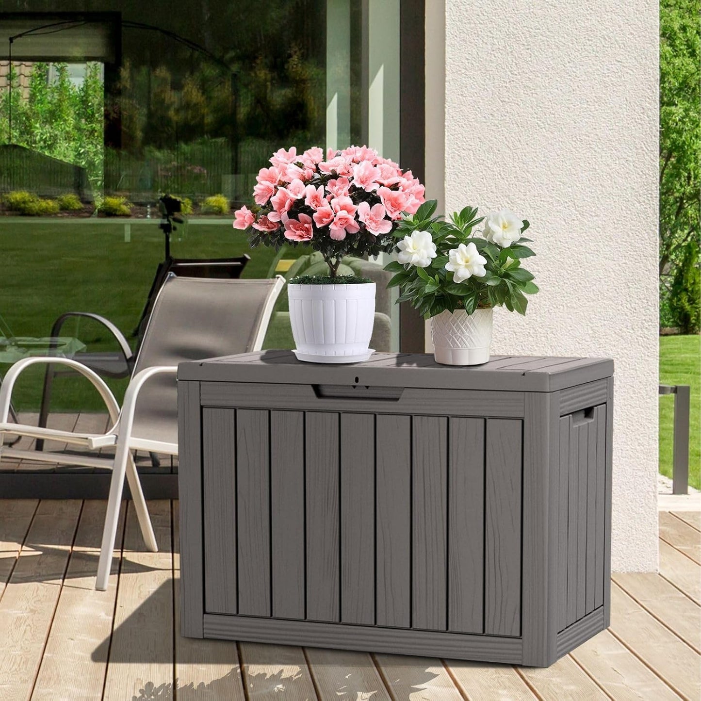 45 Gallon Waterproof Deck Box, Lockable Resin Storage Box for Patio Furniture Cushions Garden Tools and Outdoor Delivery Storage, Coffee
