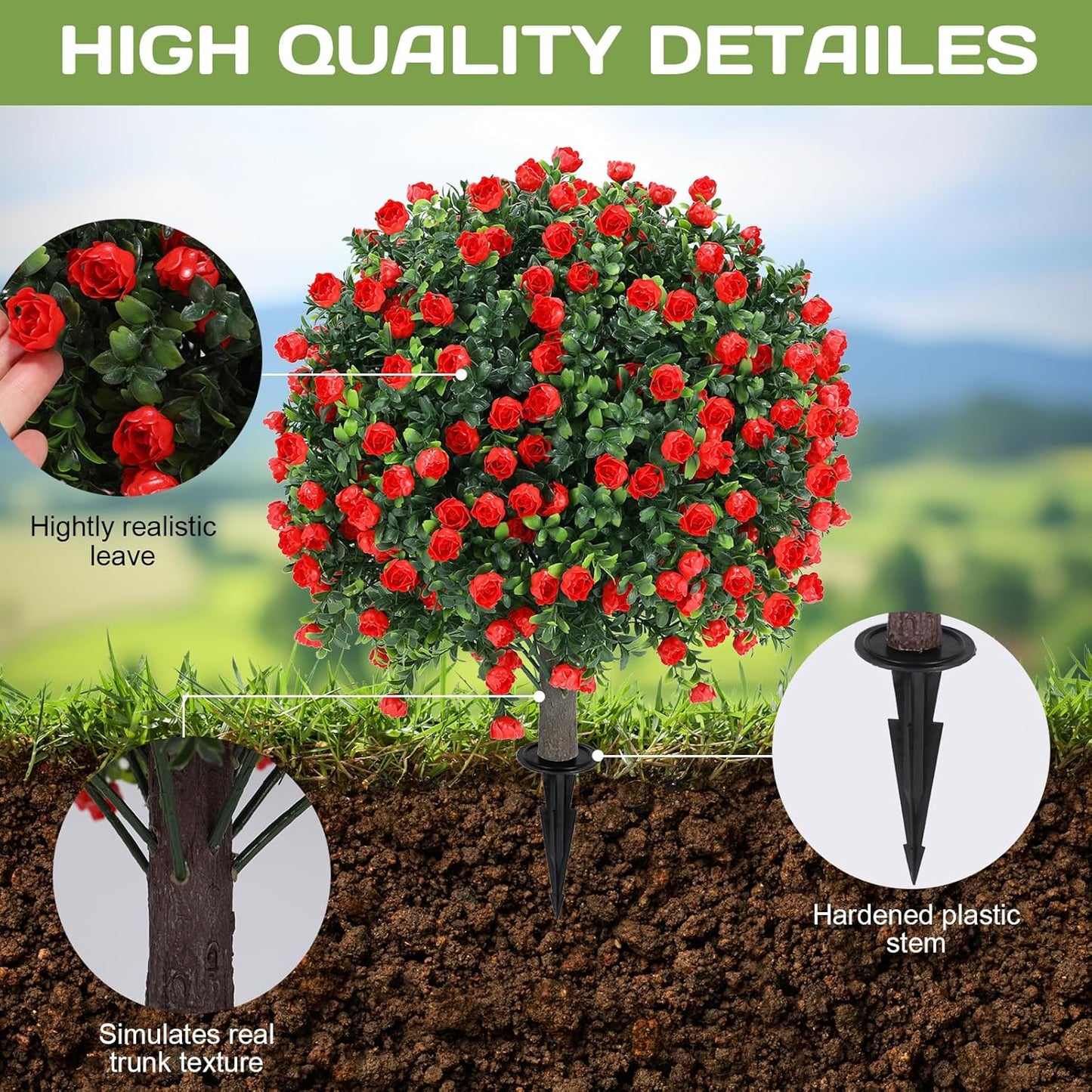 Artificial Red Rose Topiary Ball Tree 25" with Ground Spike, Set of 2 Artificial Boxwood Bushes for Faux Shrubs, Fake Evergreen Faux Plant for Indoor Outdoor Porch Garden -UV Resistant–Fade-Proof
