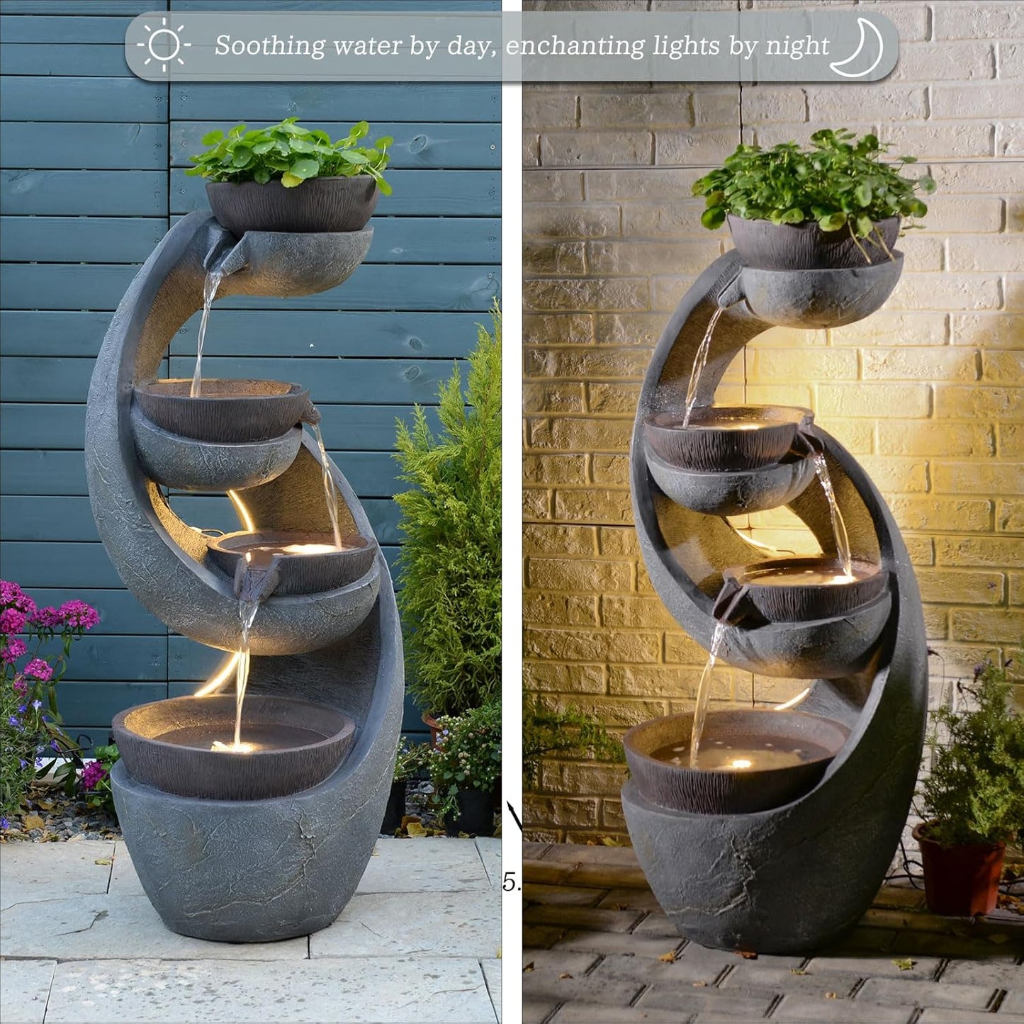 Outdoor Waterfall Fountain with LED Lights and Pump for Garden, Patio, Yard - 43.7 Inch UV-Resistant Freestanding Water Feature