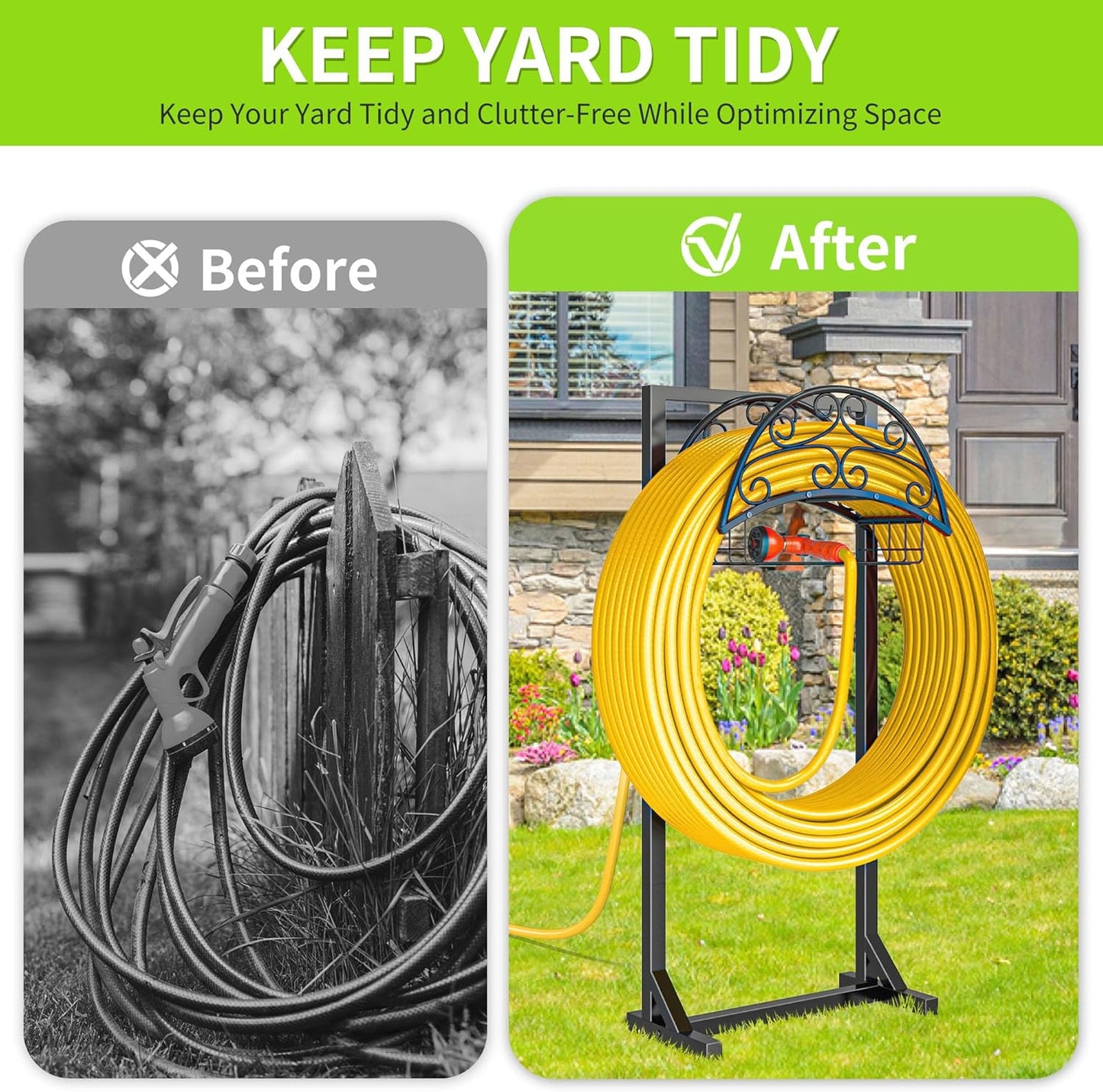 Garden Hose Holder – Freestanding Water Hose Holder with Storage Basket, Sturdy Metal Hose Stand and Hanger, Heavy-Duty Garden Hoses Storage Rack for Outside, Supports 151FT