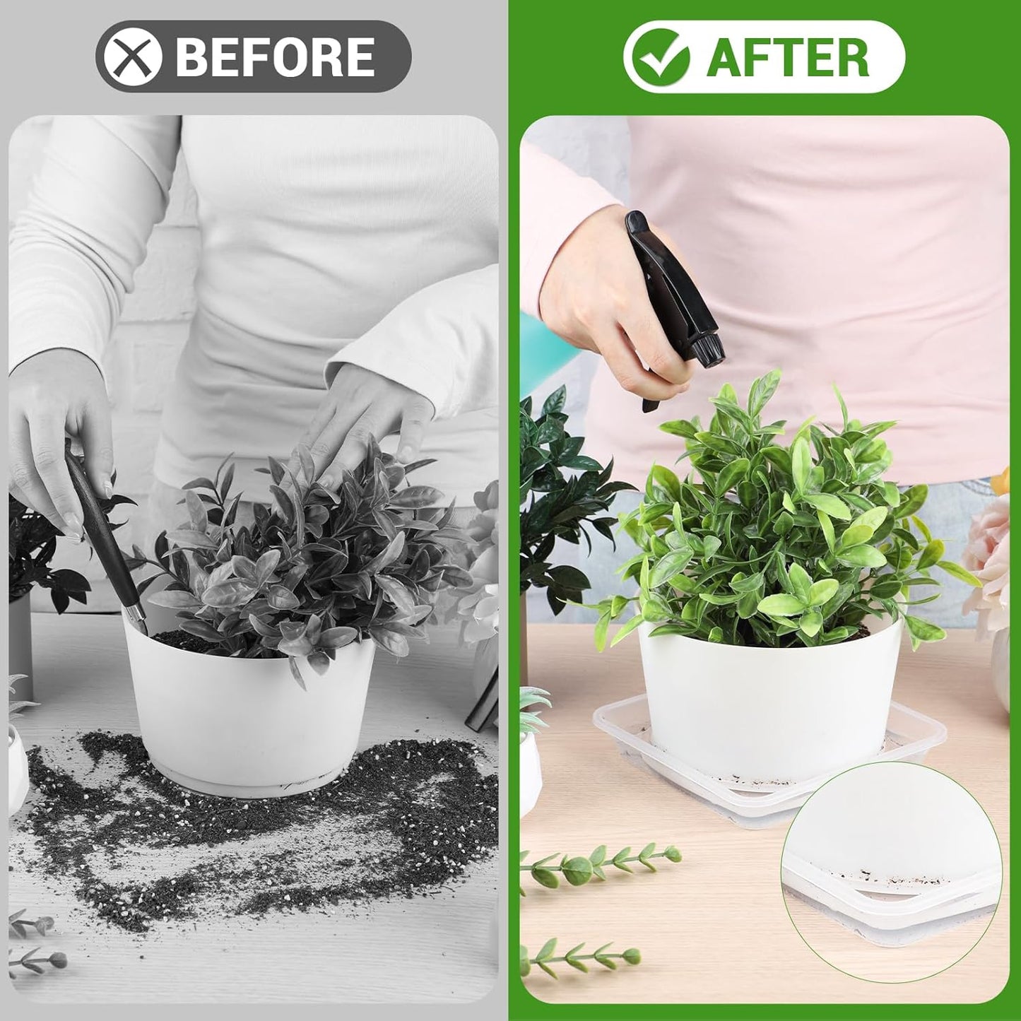 GREANER 14 Inch of Plastic Plant Saucer, 6 PCS Durable Plant Trays for Indoors, Square Plant Water Dray Tray, Plant Water Catcher Drip Dishes, Clear Drip Trays for Indoors & Outdoor Plants